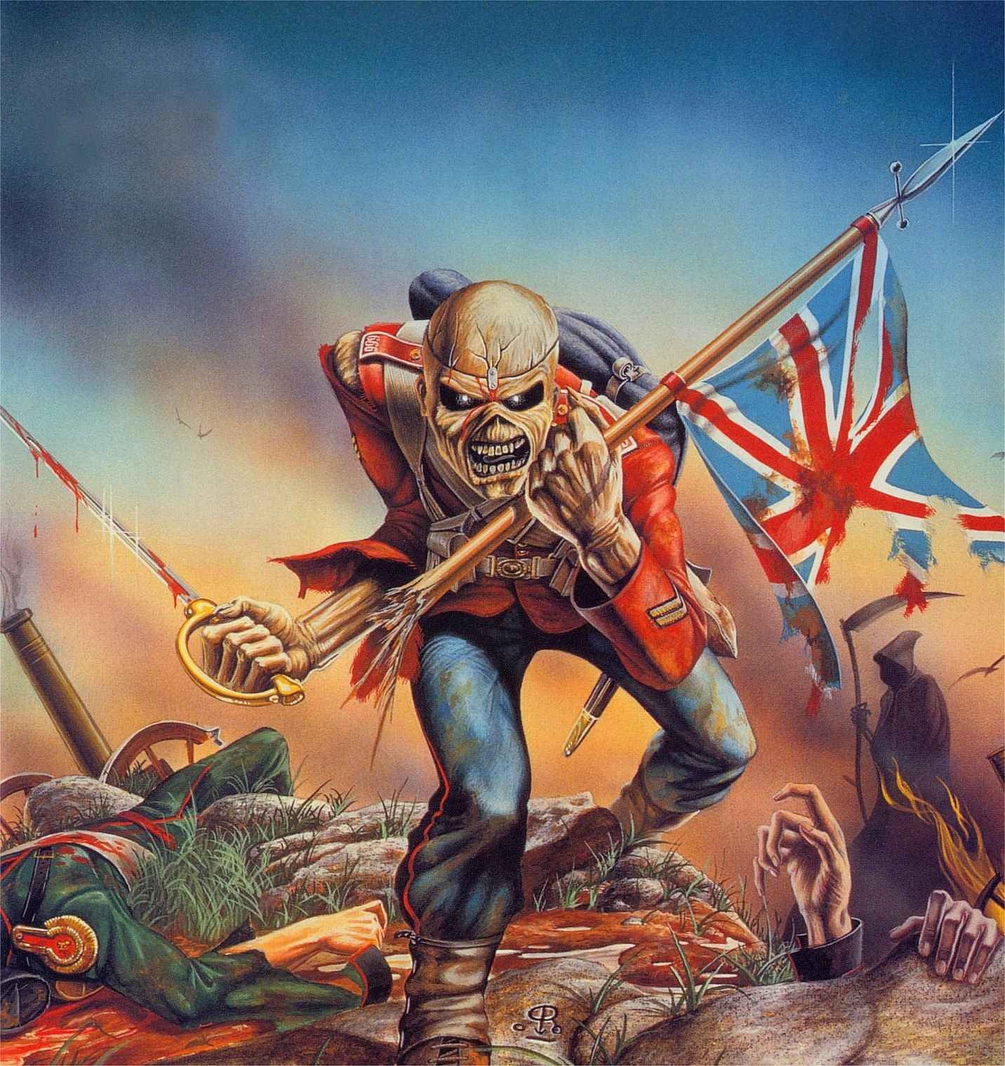 skull holding flag wallpaper, metal music, Eddie, war, Iron Maiden