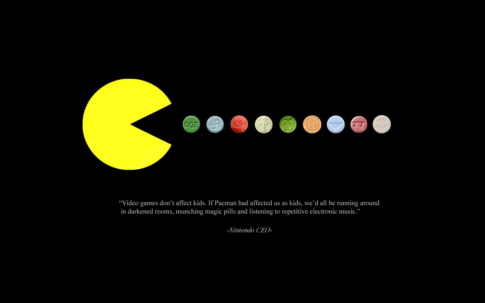 Pac-Man game application logo, Pacman, video games, quote, pills