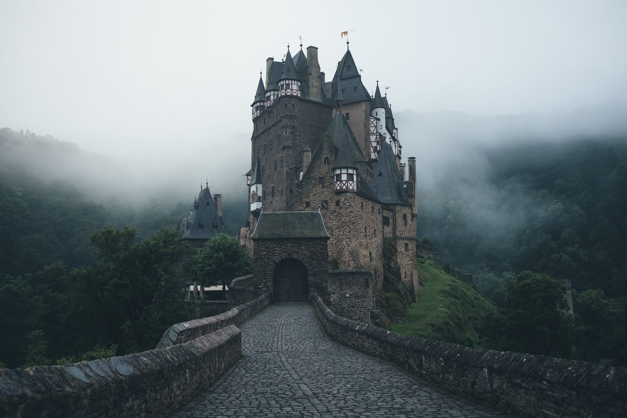 trees, forest, hills, Eltz Castle, mist, tower, stones, Germany