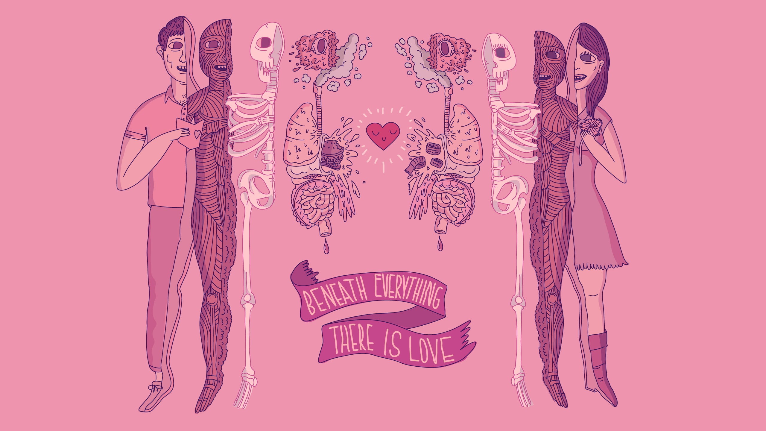 anatomy, minimalism, skeleton, muscles, pink, colored background