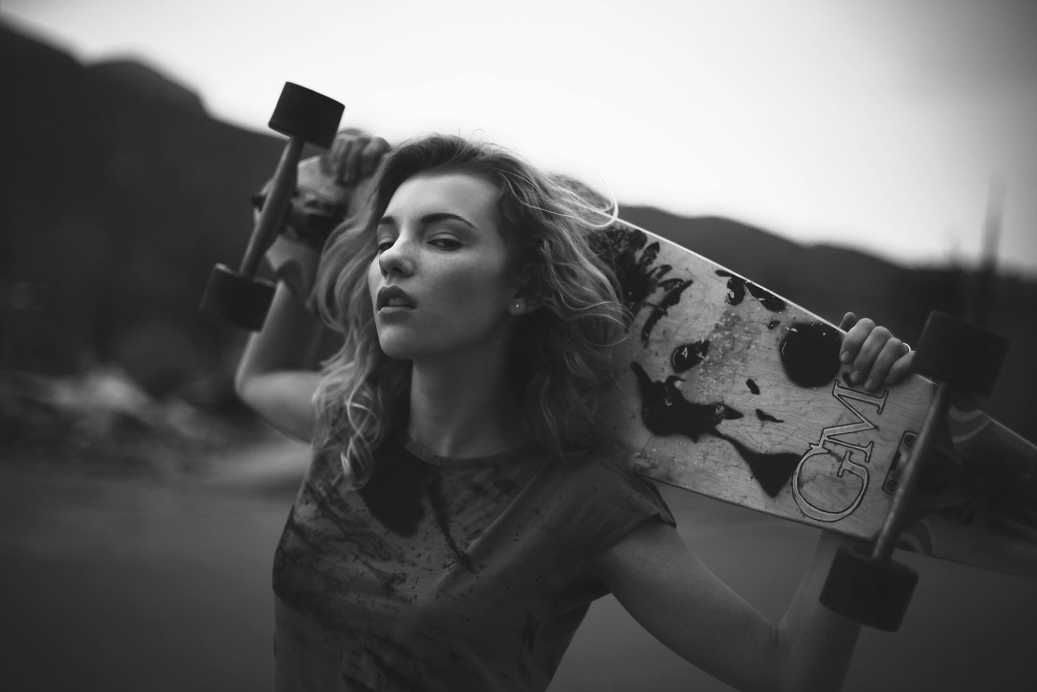 Russian women, urban, longboard, monochrome, skateboard, T-shirt