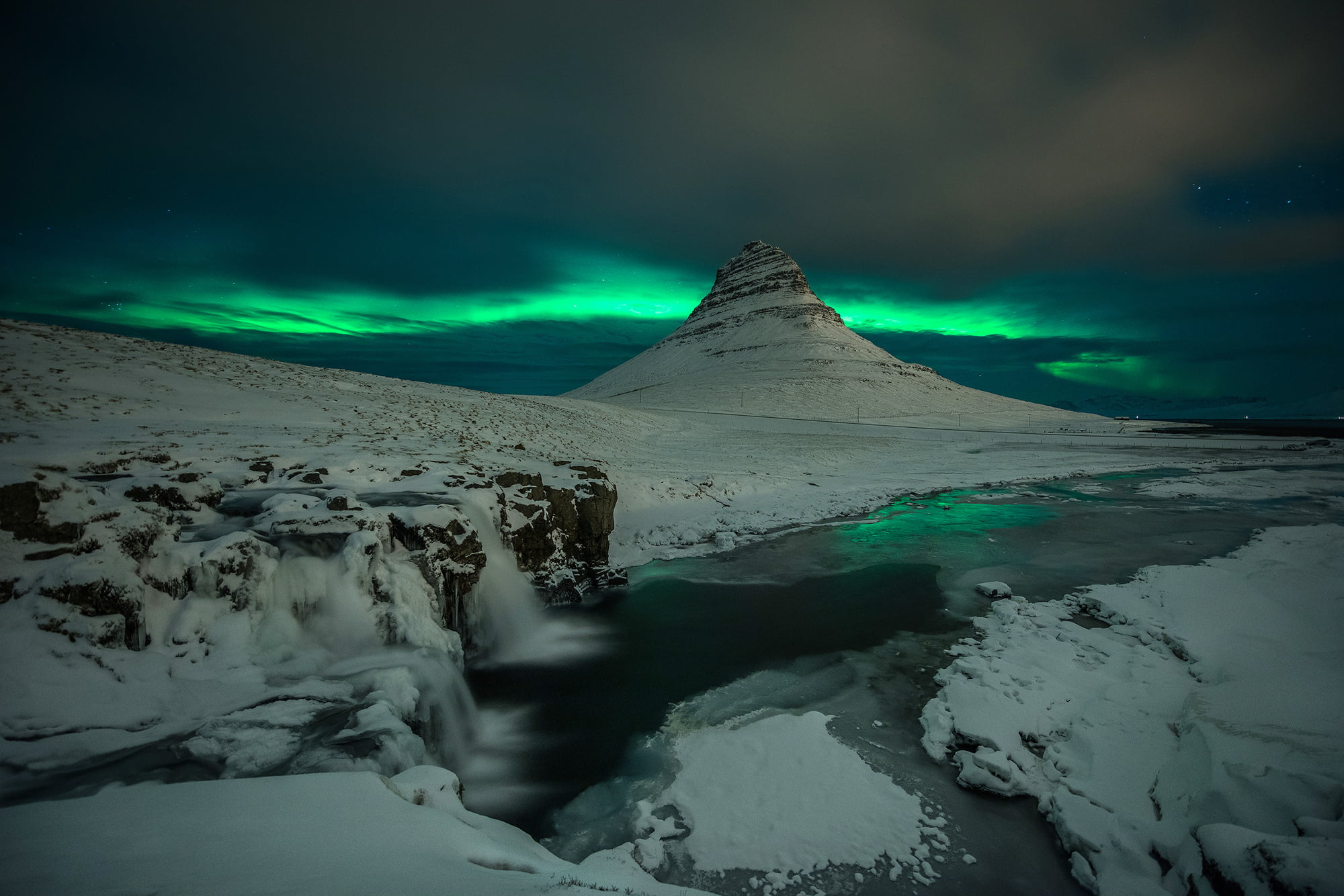 aurora lights wallpaper, snow, night, rocks, mountain, waterfall