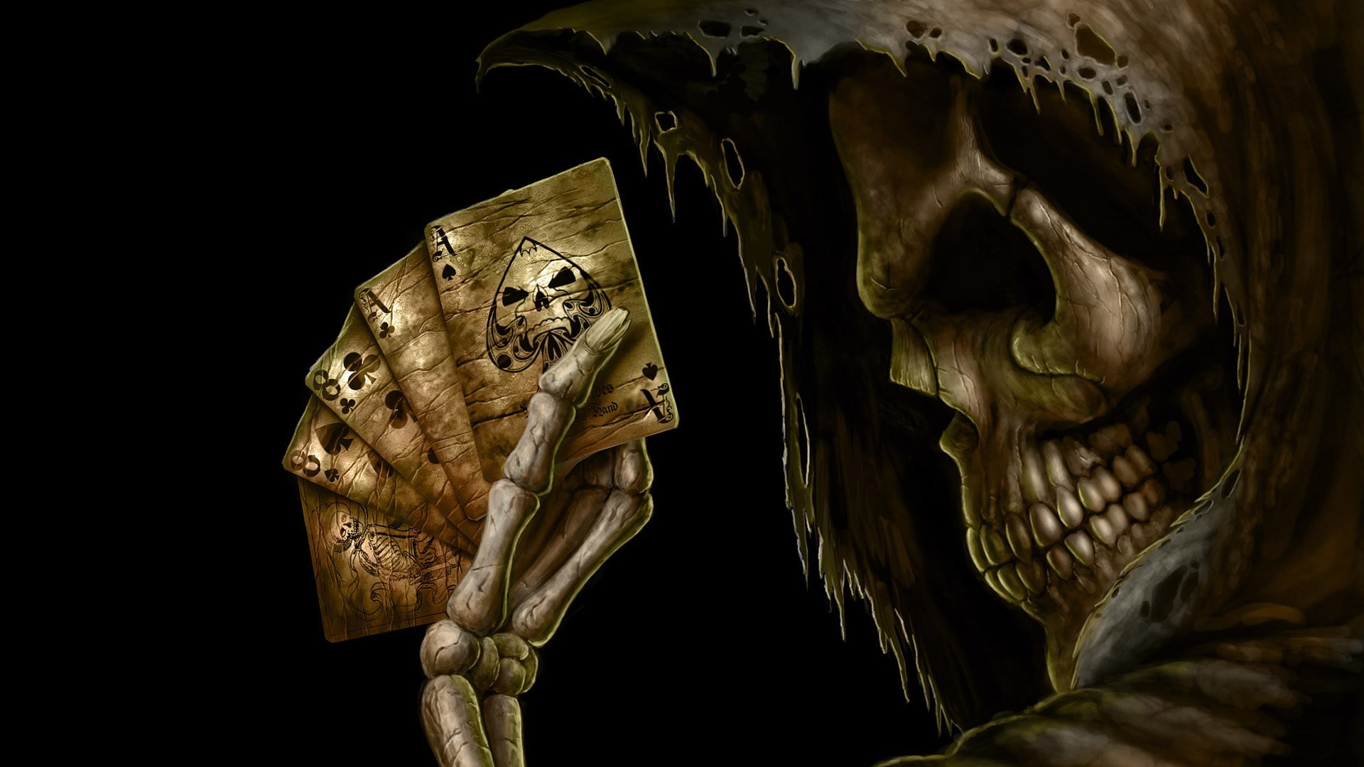 skull wallpaper, death, cards, Grim Reaper, black background