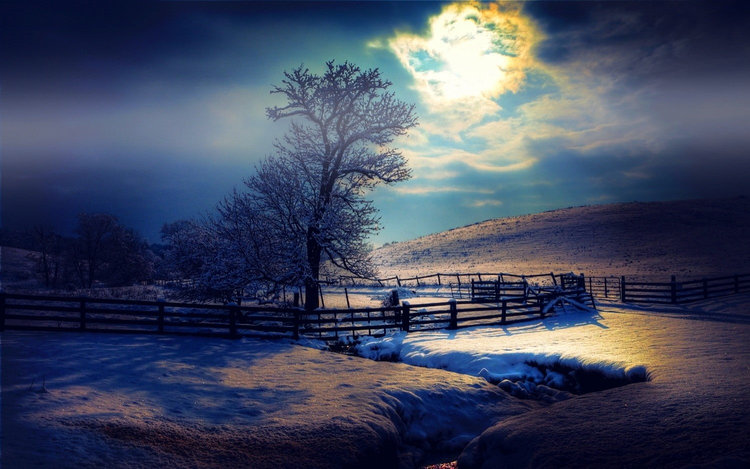 nature, landscape, moonlight, winter, snow, mist, fence, evening