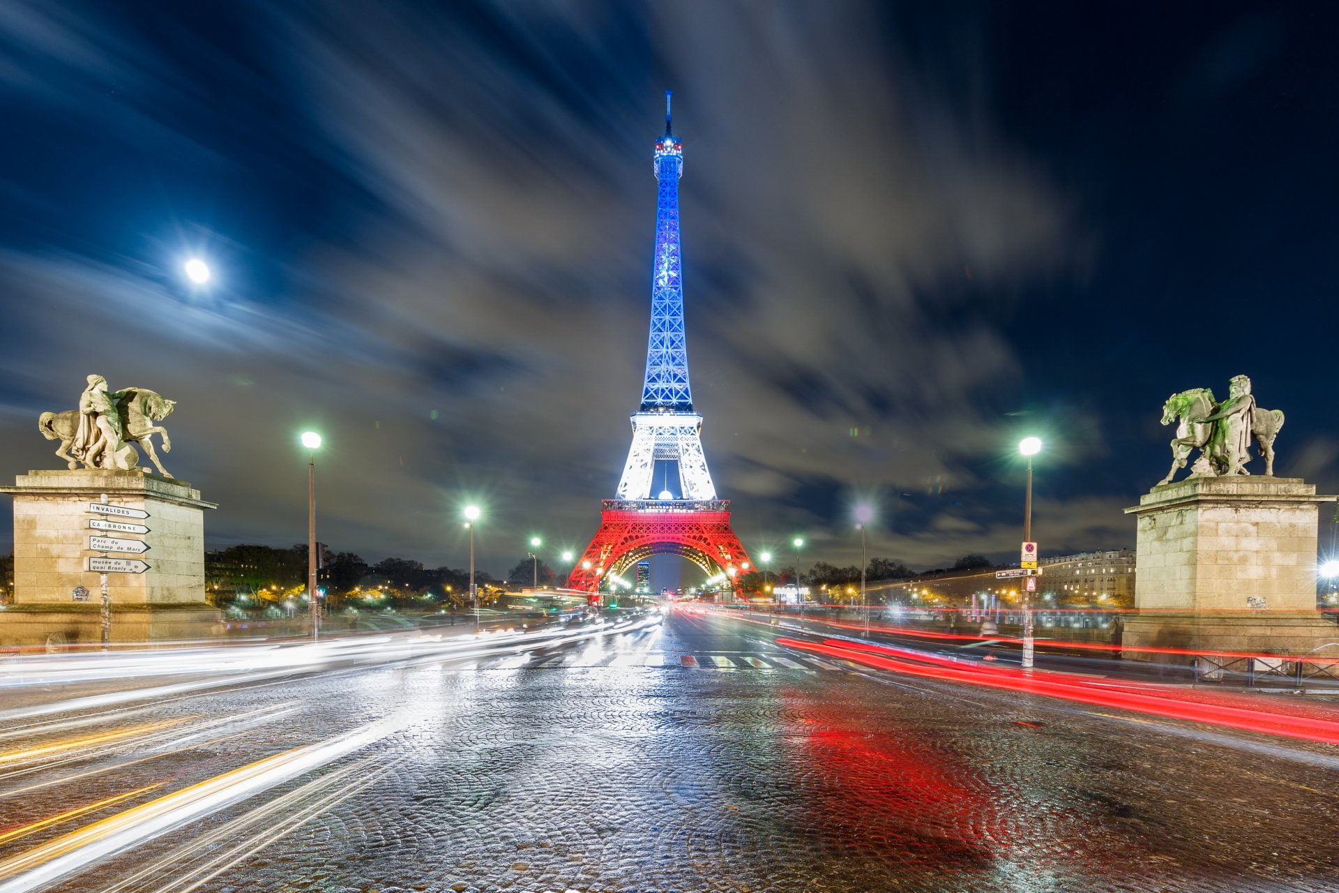Monuments, Eiffel Tower, French Flag, Light, Night, Paris, Statue
