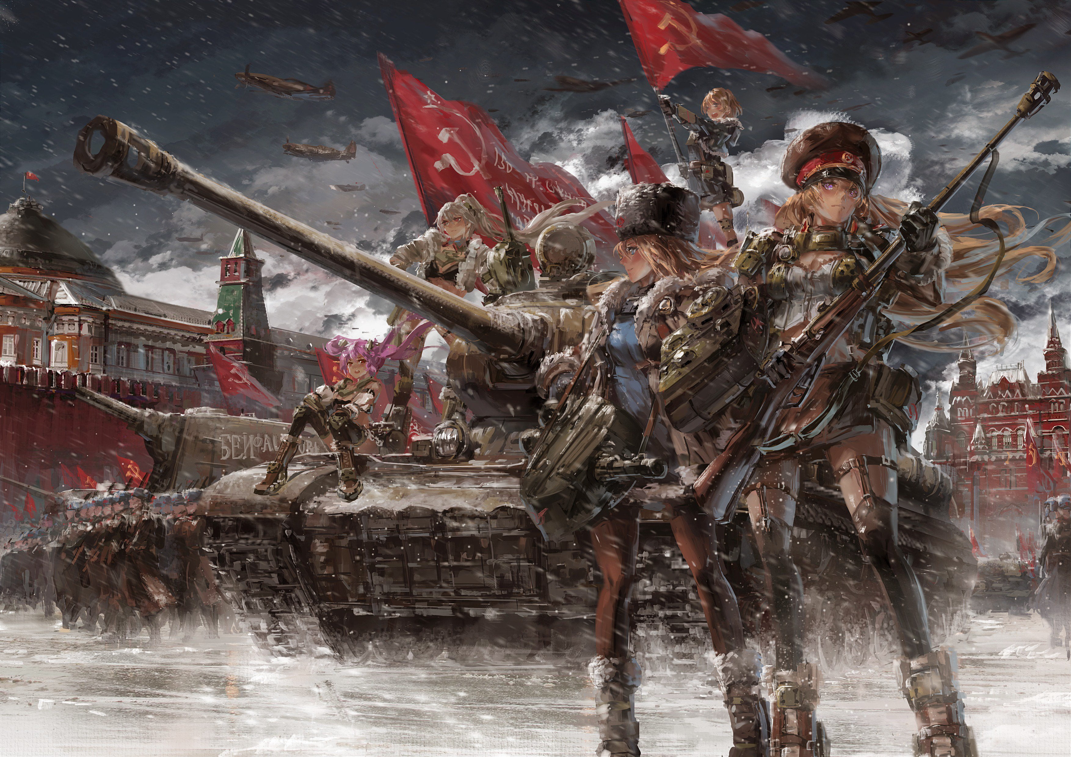 Russia, tank, female soldier, flag, IS-2, KV-2, Panzer Waltz