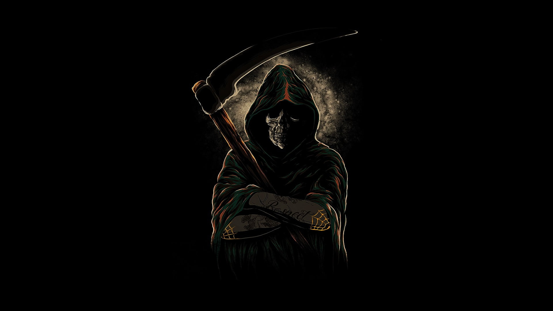 skull, Grim Reaper, artwork, black background, studio shot