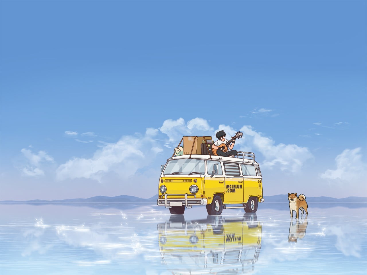 vintage yellow minivan beside dog, anime, lake, sky, mountains
