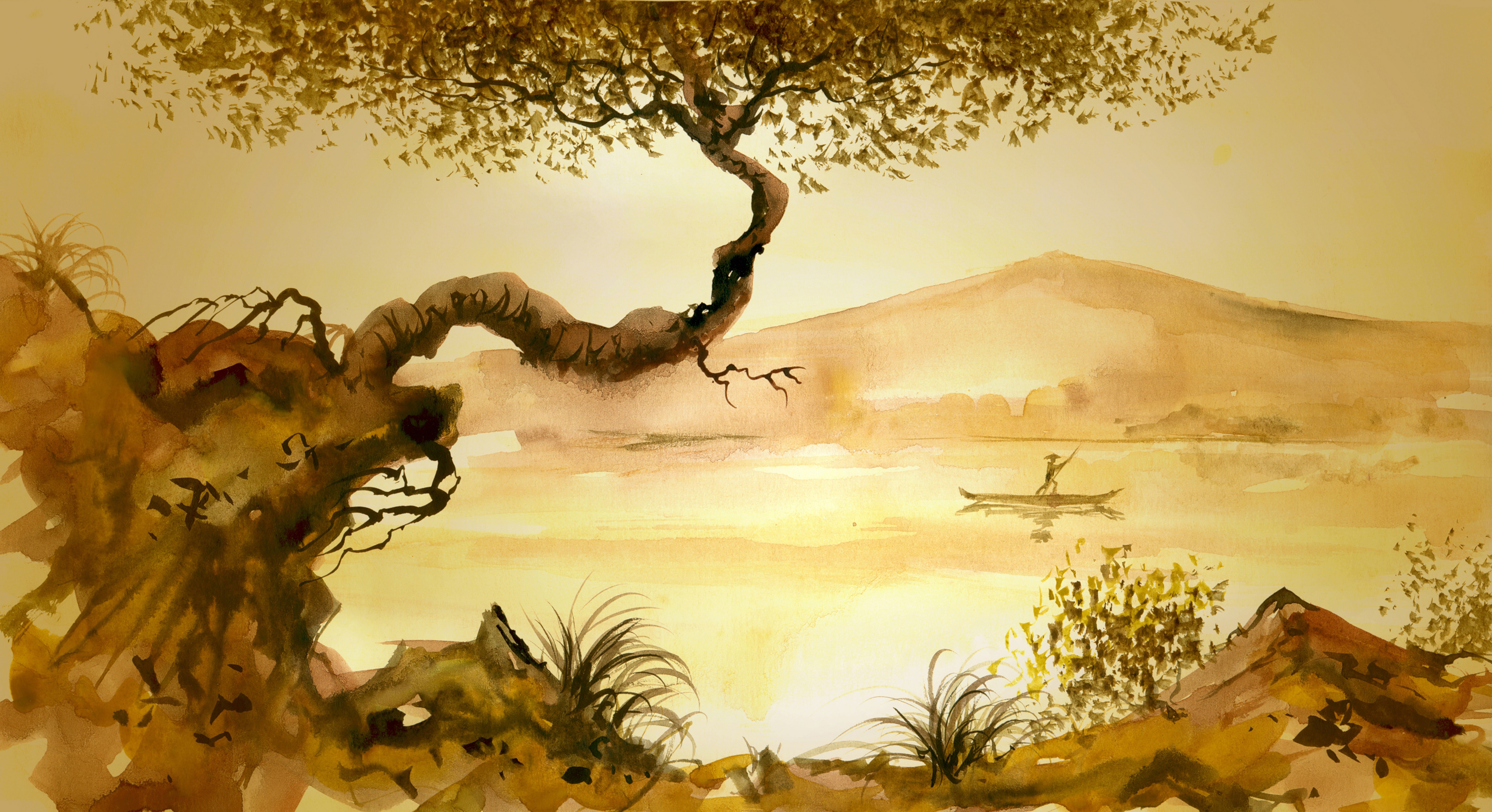 tree and mountain painting, grass, river, people, Chinese painting