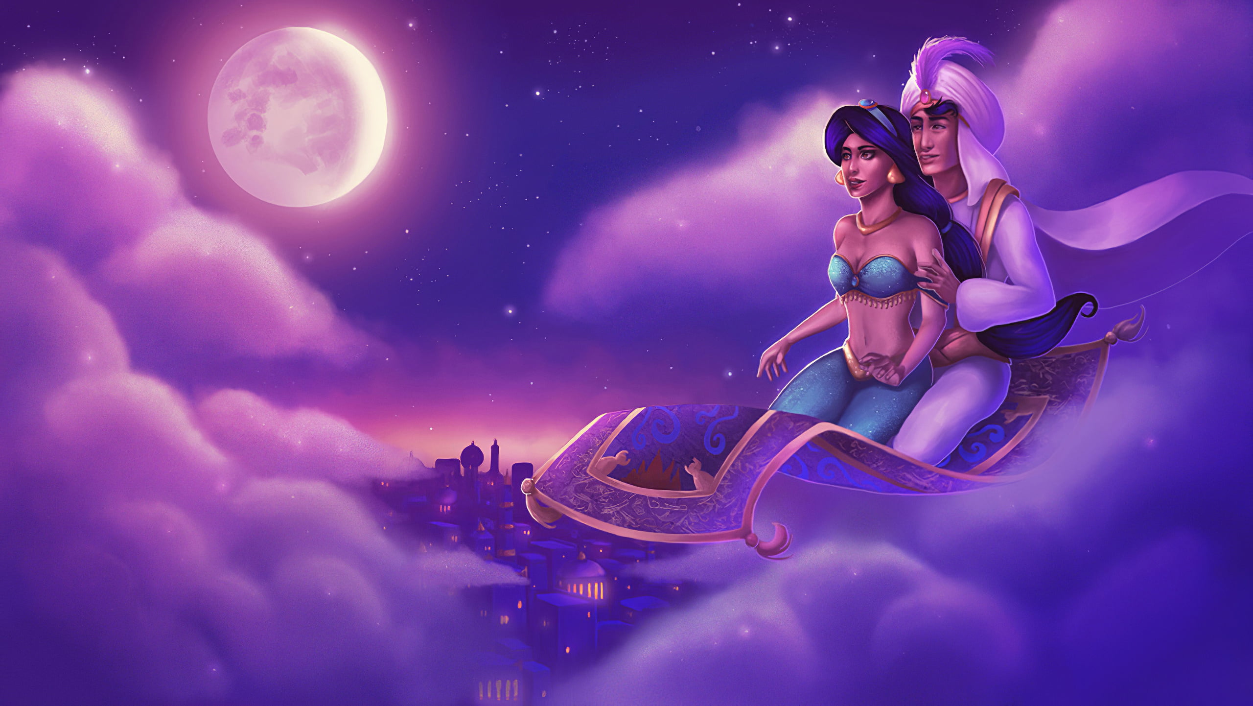 Aladdin, cartoon, digital, fantasy art, magic, carpet, Jasmine