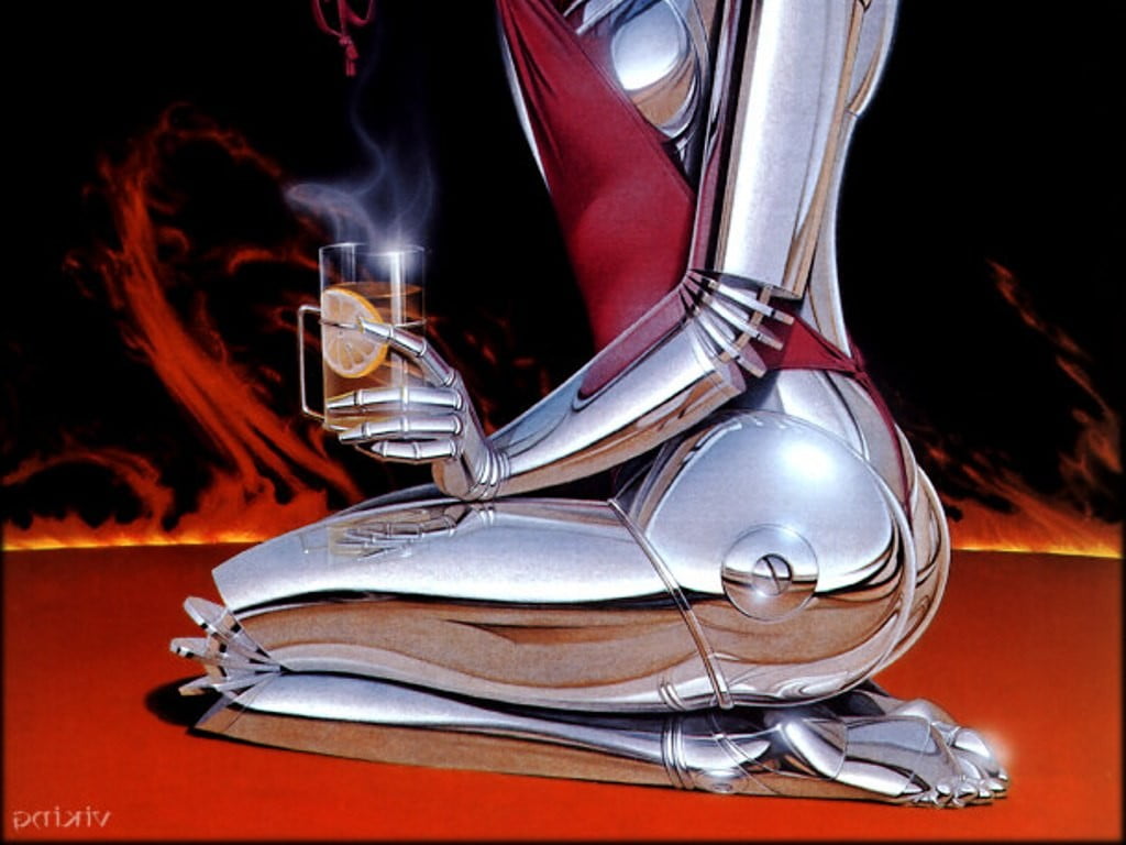 Free download | HD wallpaper: Gynoid, drink, kneeling, Hajime Sorayama 