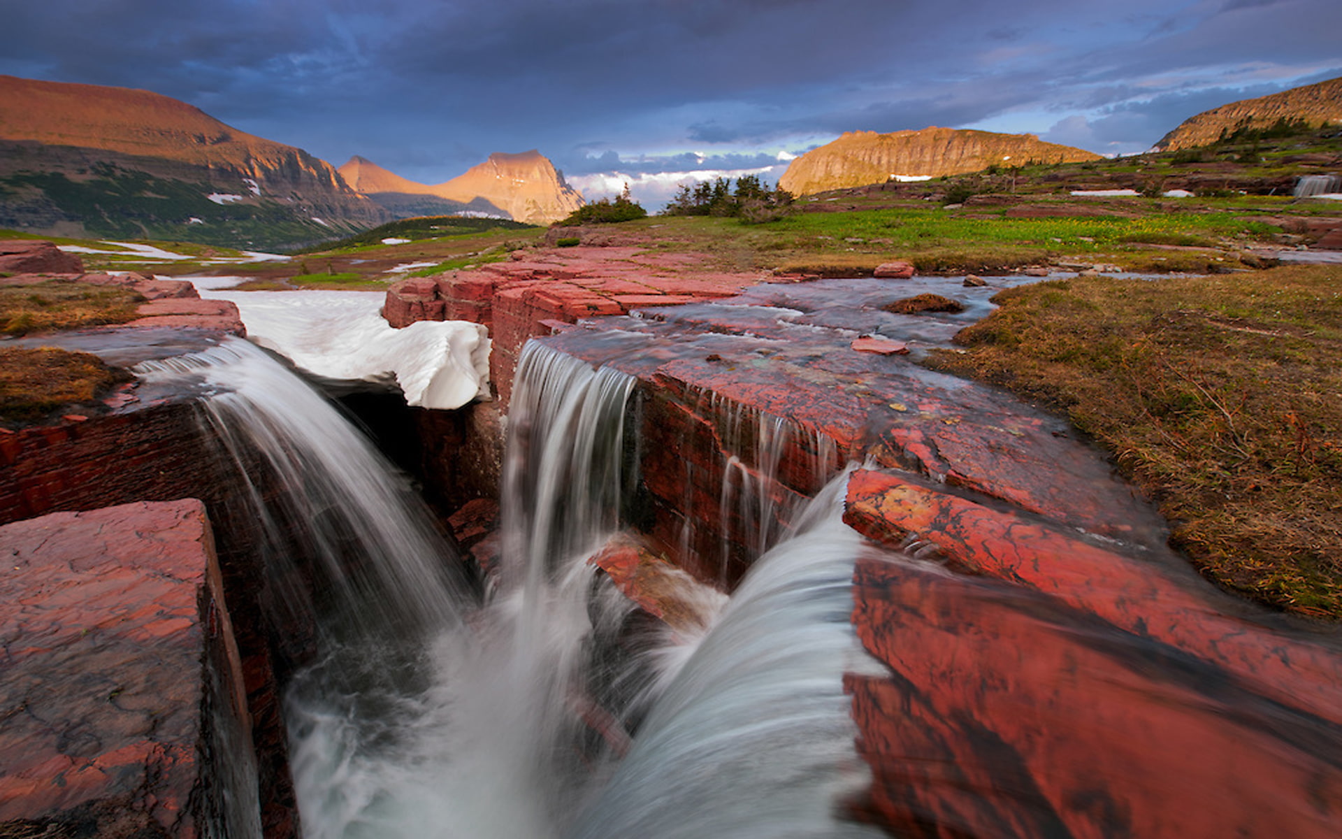 Natural Mountain Stream Waterfall Stones Rocks Triple Falls, Glacier National Park, Montana Desktop Wallpaper Hd Free Download