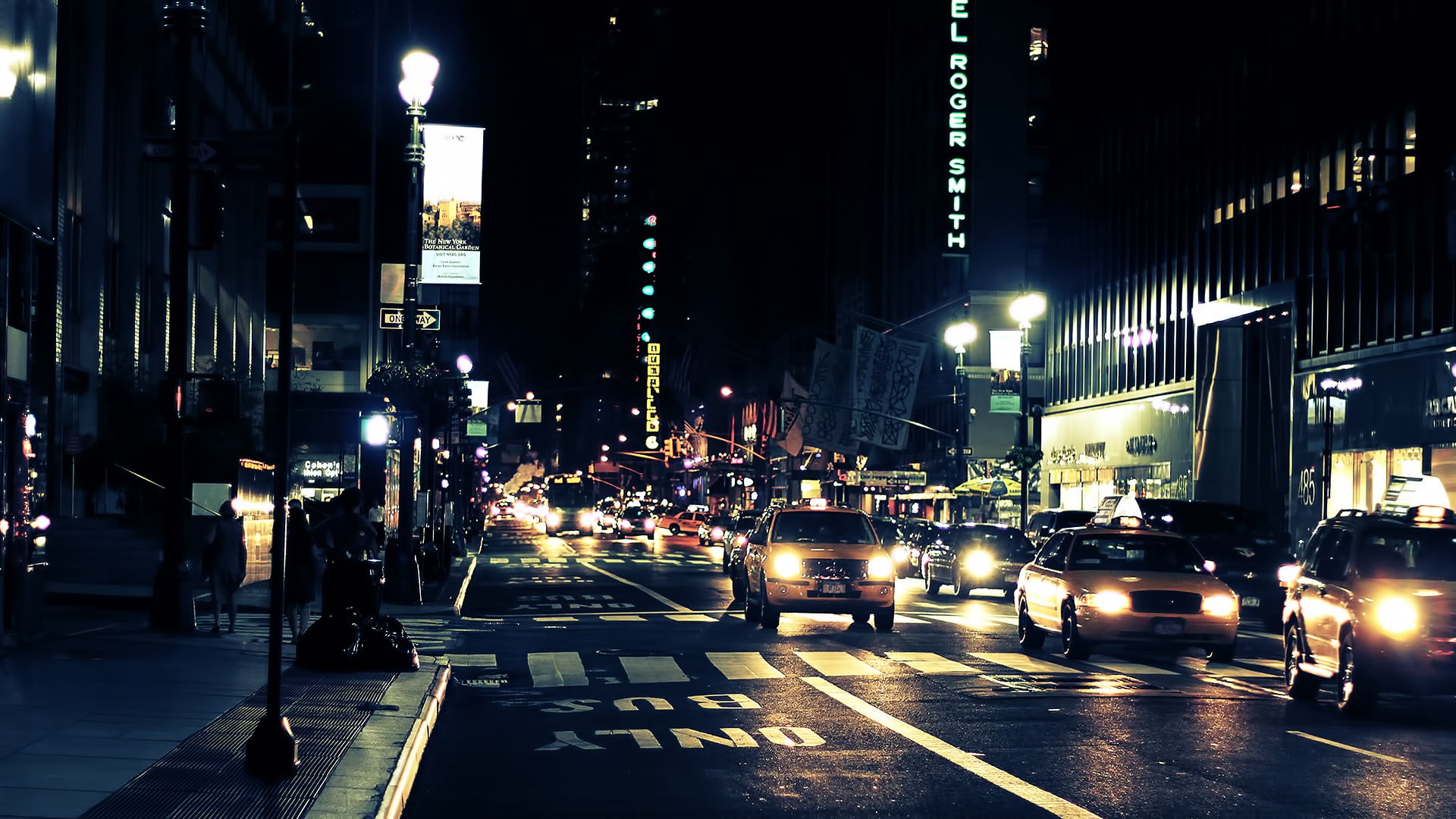 yellow taxi vehicle, night, New York City, city lights, traffic lights