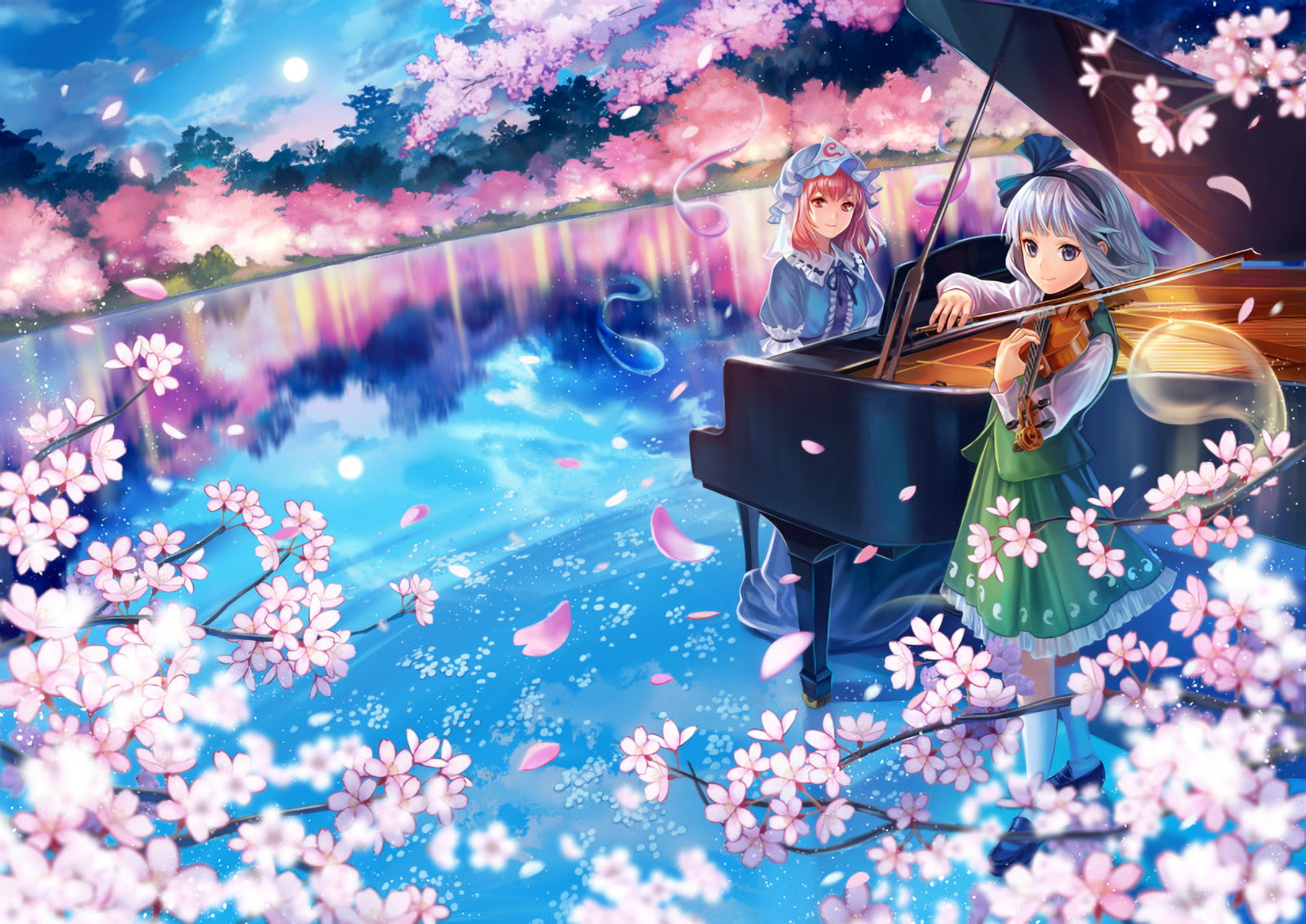saigyouji yuyuko, konpaku youmu, touhou, piano, sakura blossom