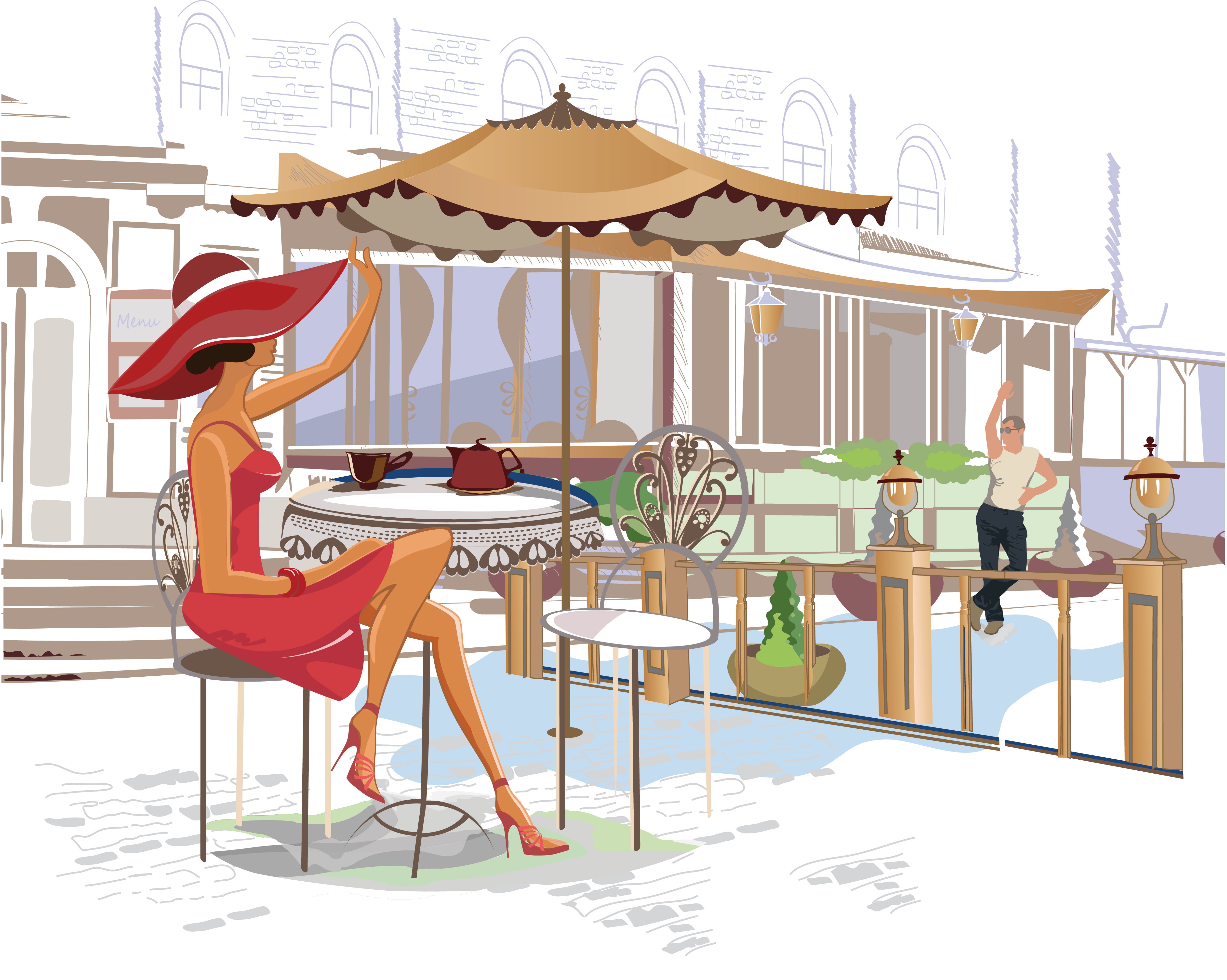 woman under patio umbrella painting, girl, tea, kettle, cafe