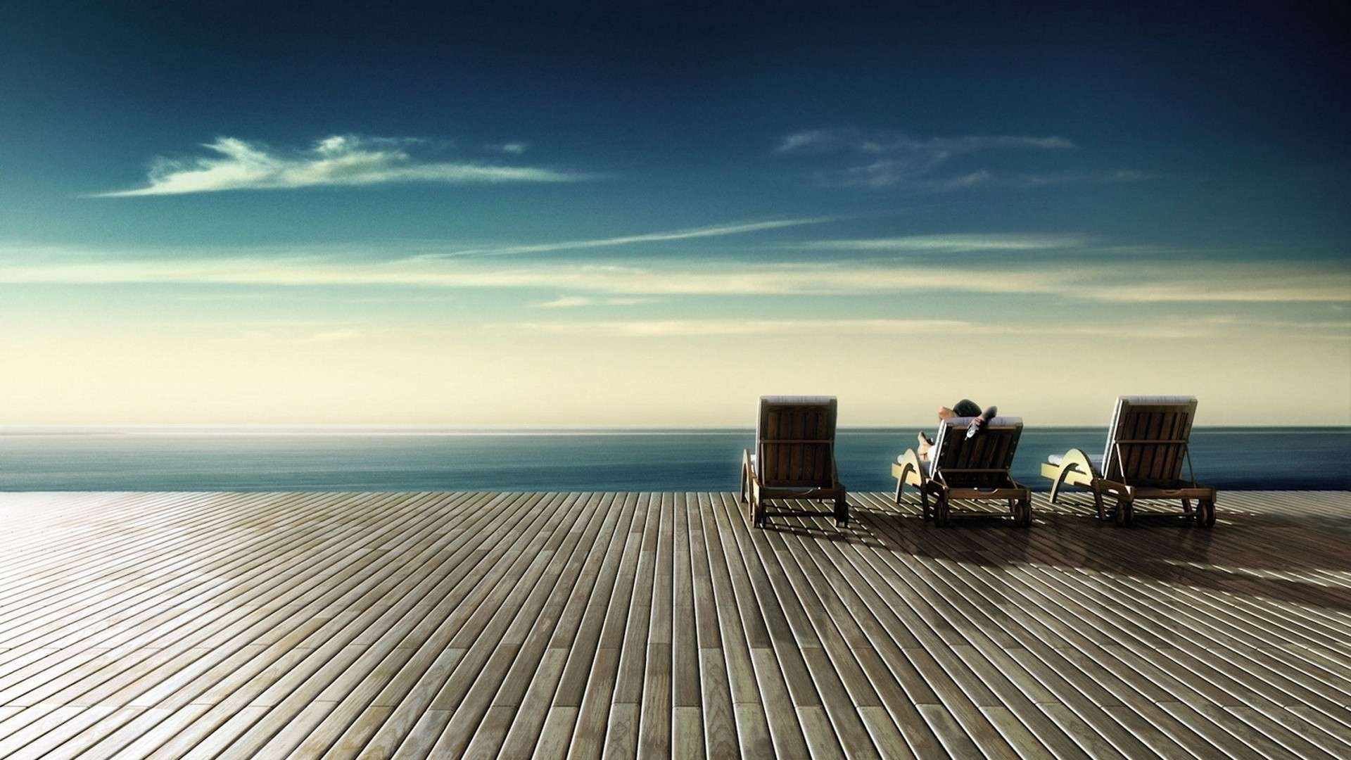 Stunning View from the Deck HD, chairs, clouds, sea, sun, wood