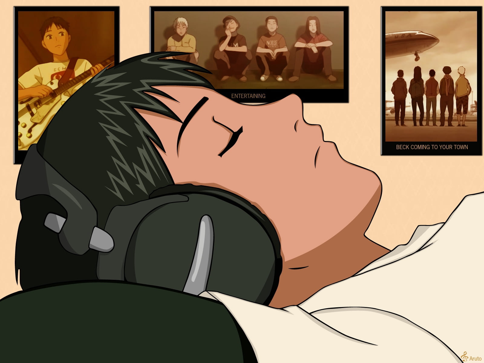 man lying on bed while wearing to headphones illustration, beck