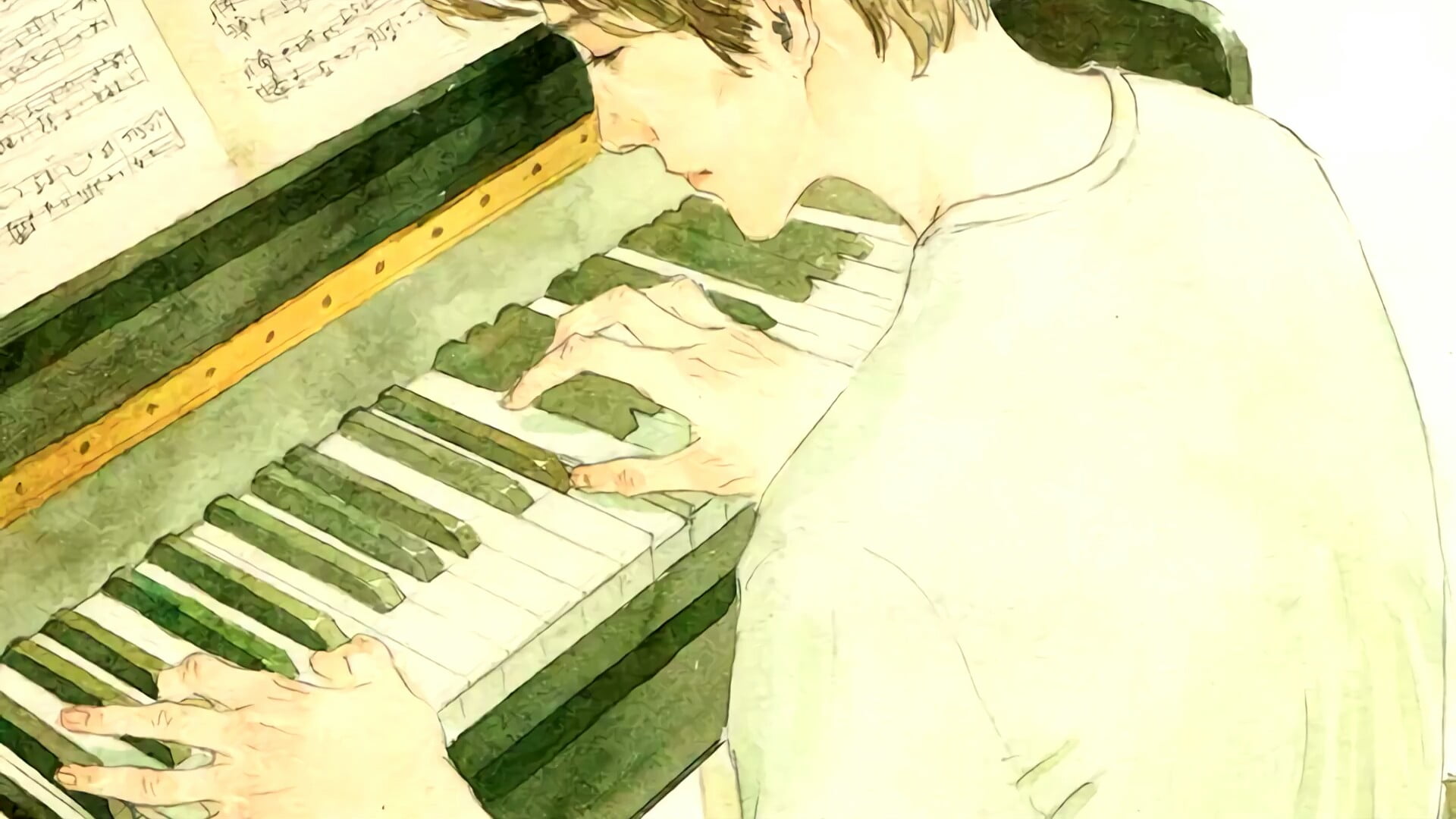 piano, anime boy, anime guy, anime art, music sheet, play, one person