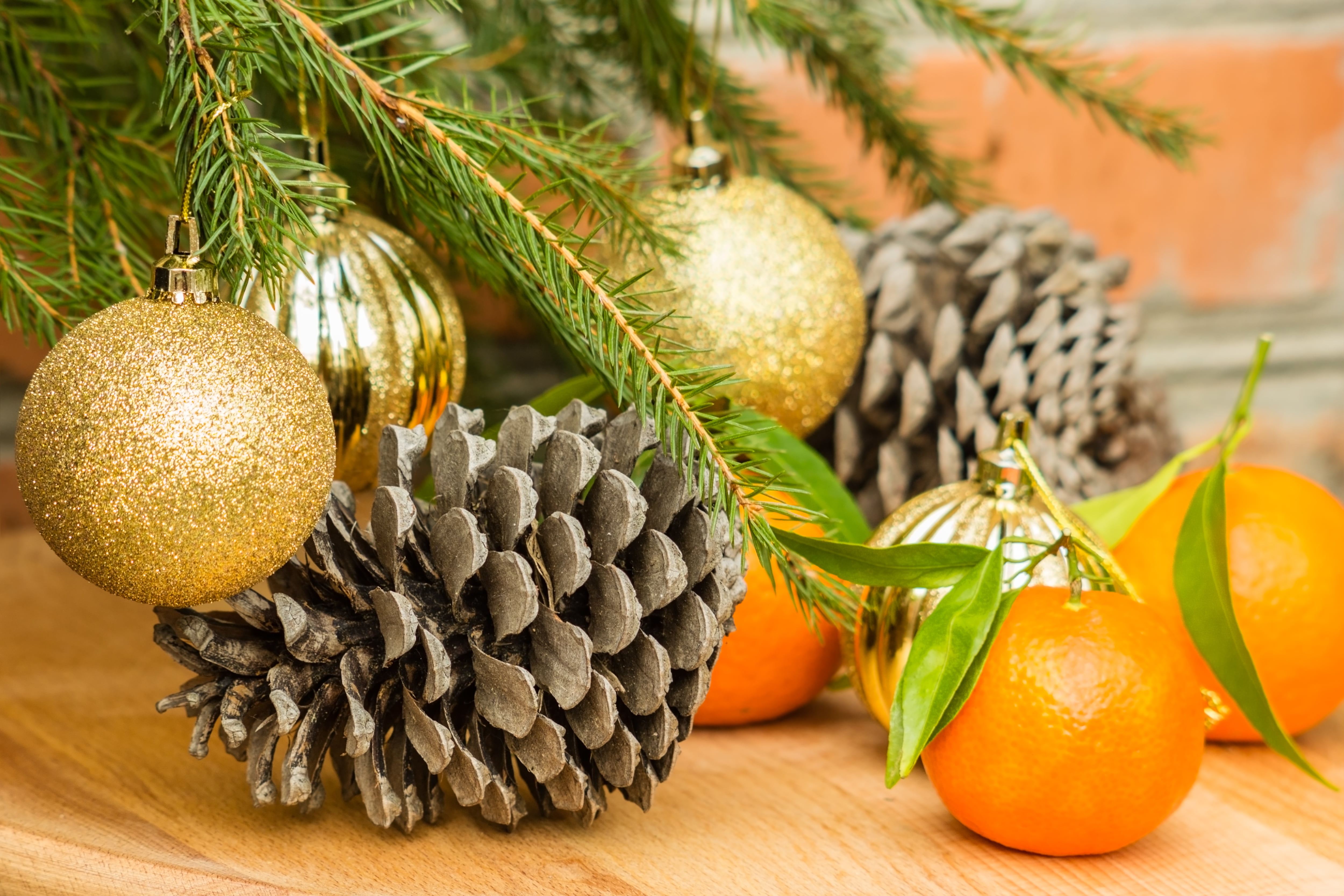 brown pinecone and baubles, decoration, balls, tree, oranges