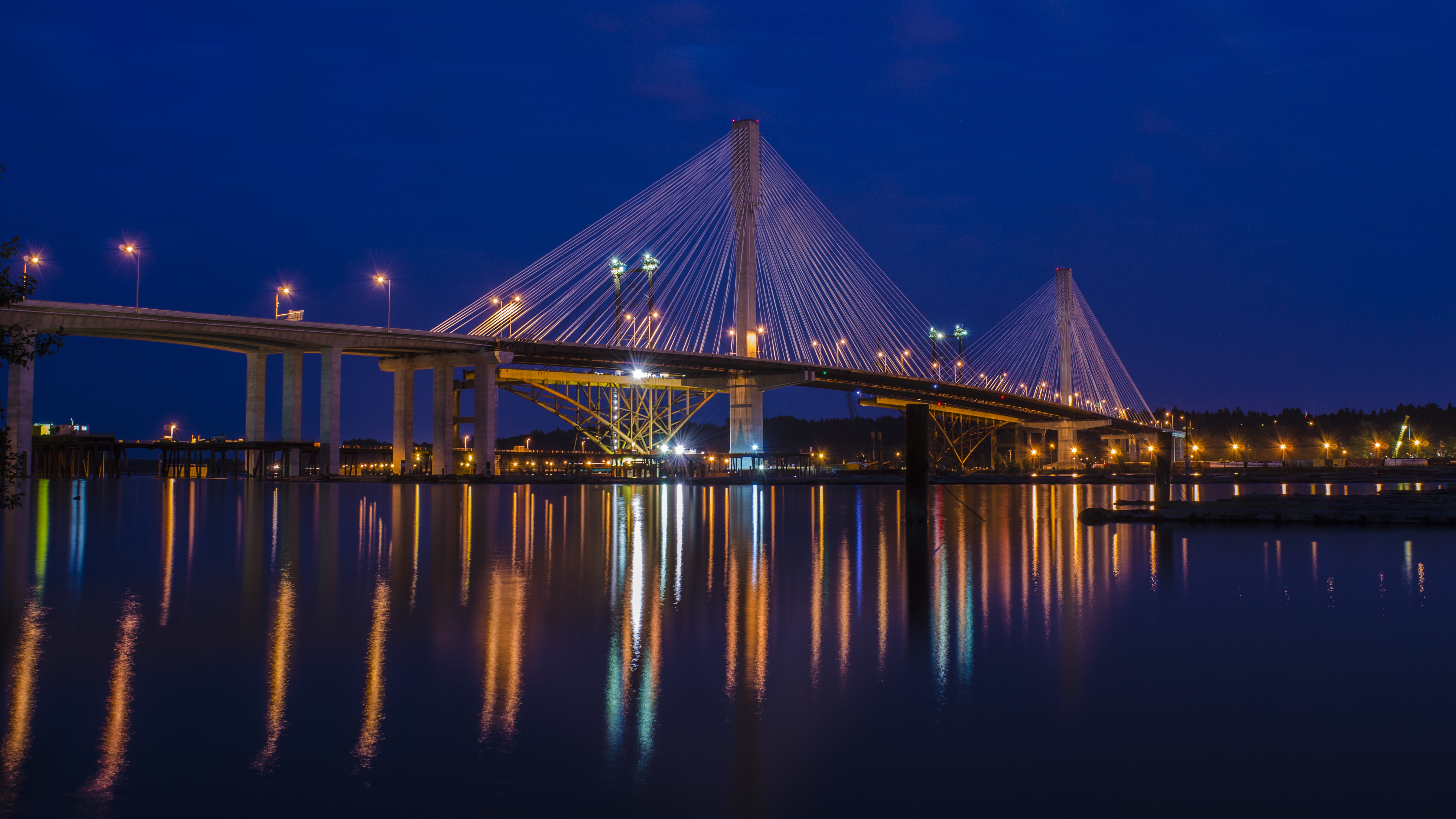 lighted bridge during nighttime, port mann bridge, port mann bridge