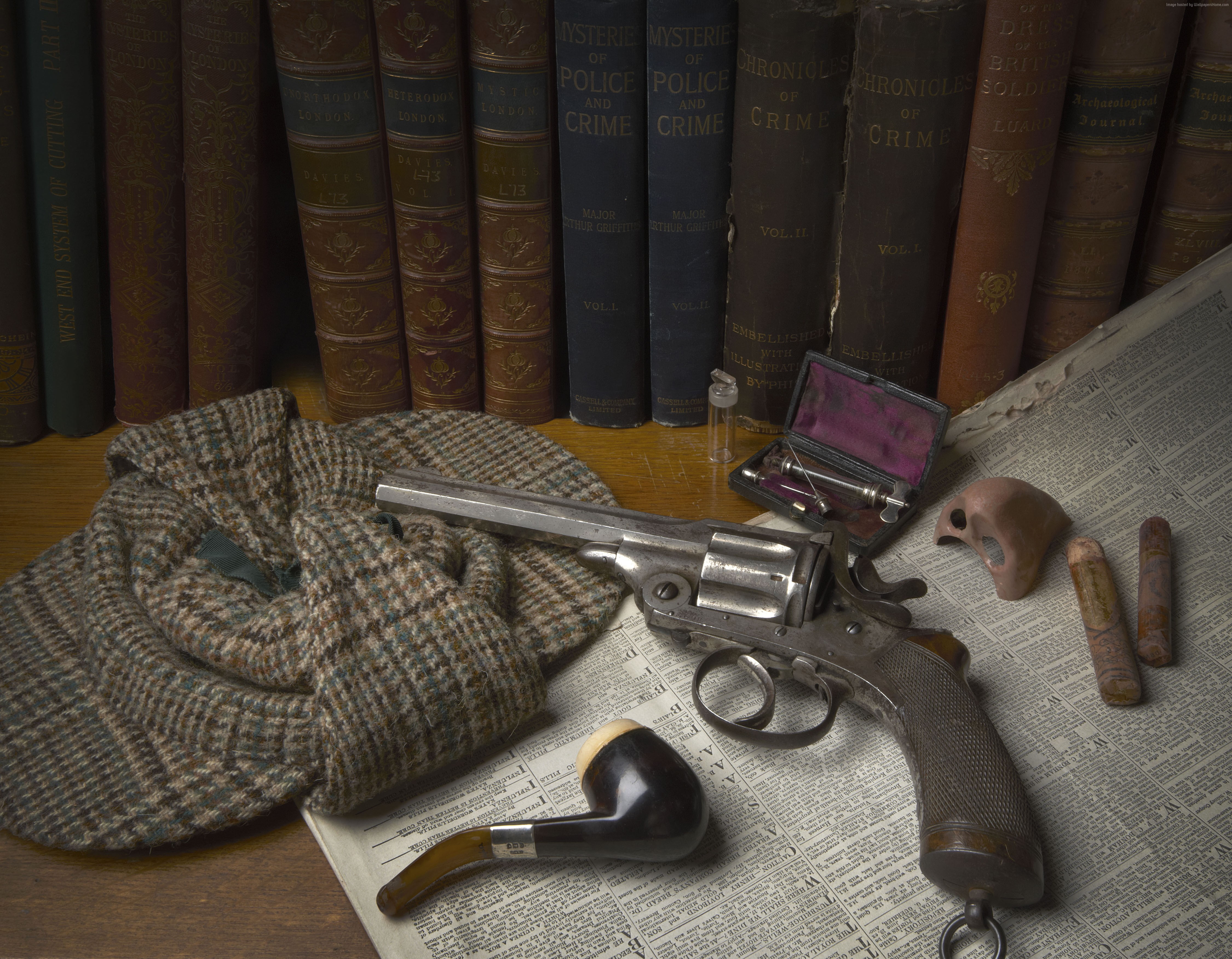 classic pistol, bullets, gunpowder, antique revolver, books