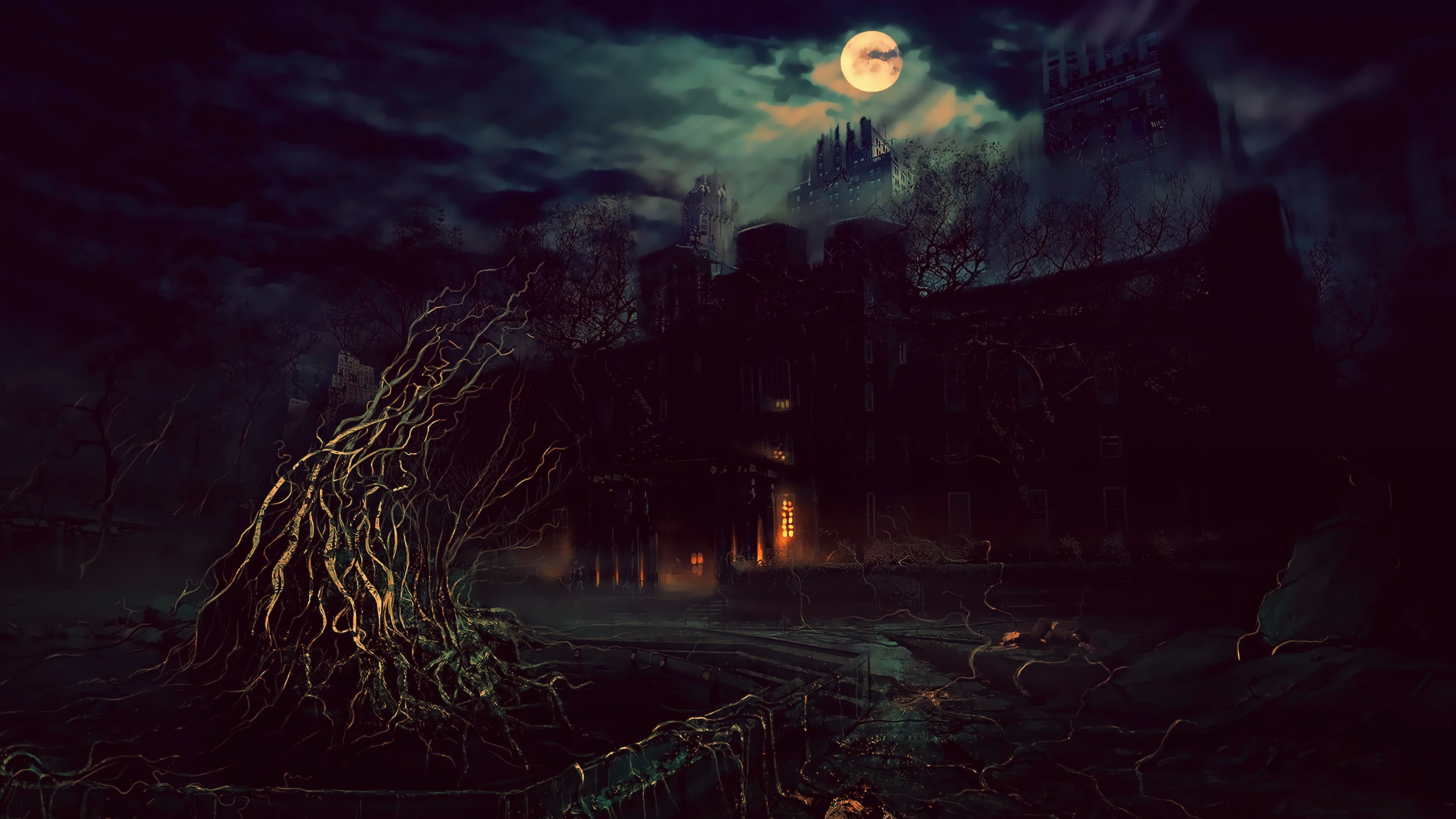 ghost castle wallpaper, Terror, night, fantasy art, Photoshop