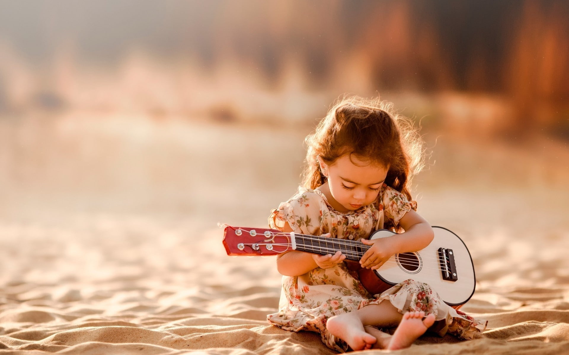 Cute Little Girl Playing Guitar, white ukulele
