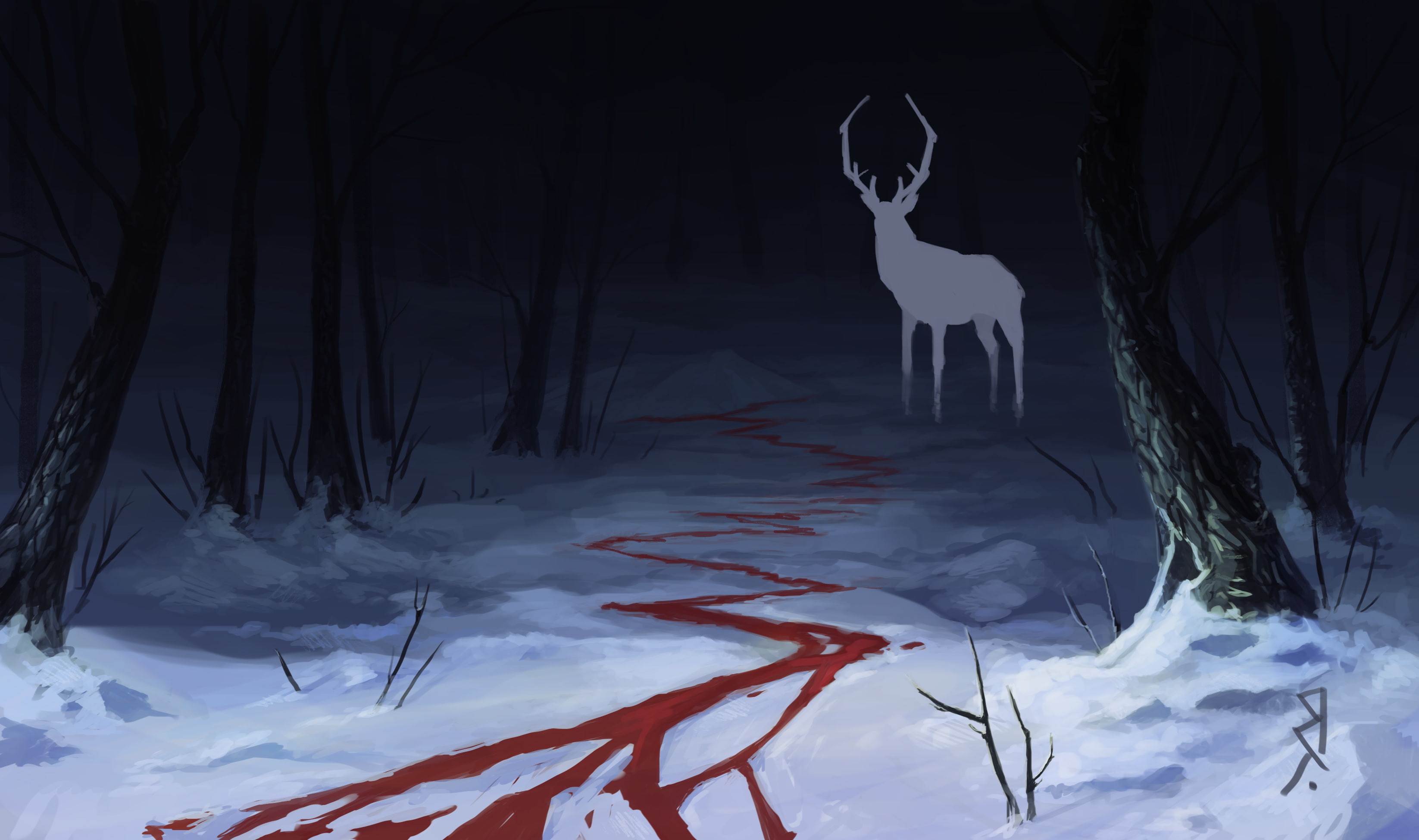 blood, Dark, Deer, fantasy Art, forest, snow, cold temperature