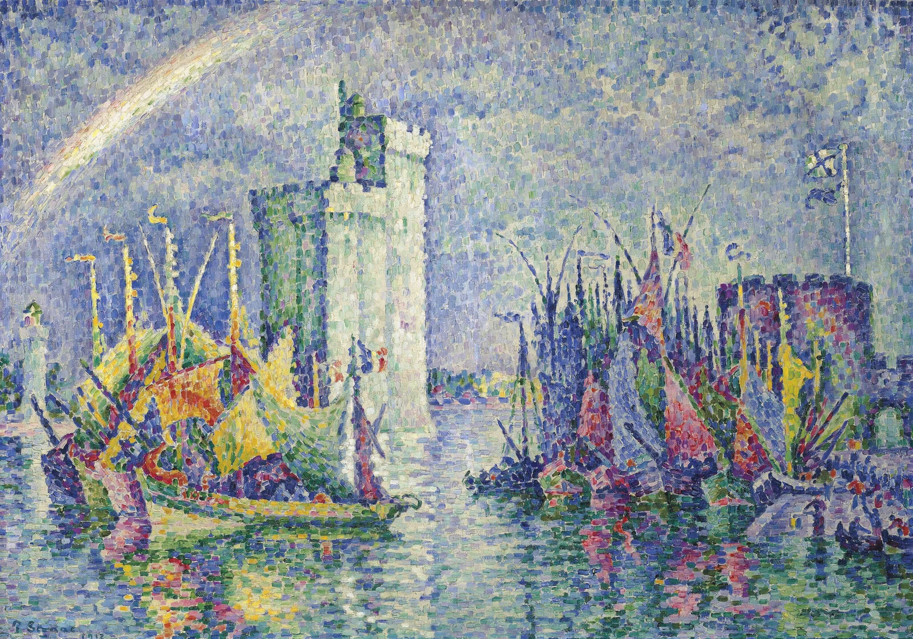landscape, ship, rainbow, picture, sail, Paul Signac, pointillism