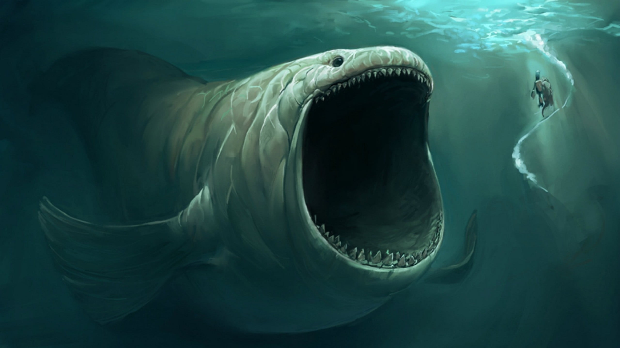 gray fish illustration, fantasy art, sea monsters, artwork, underwater