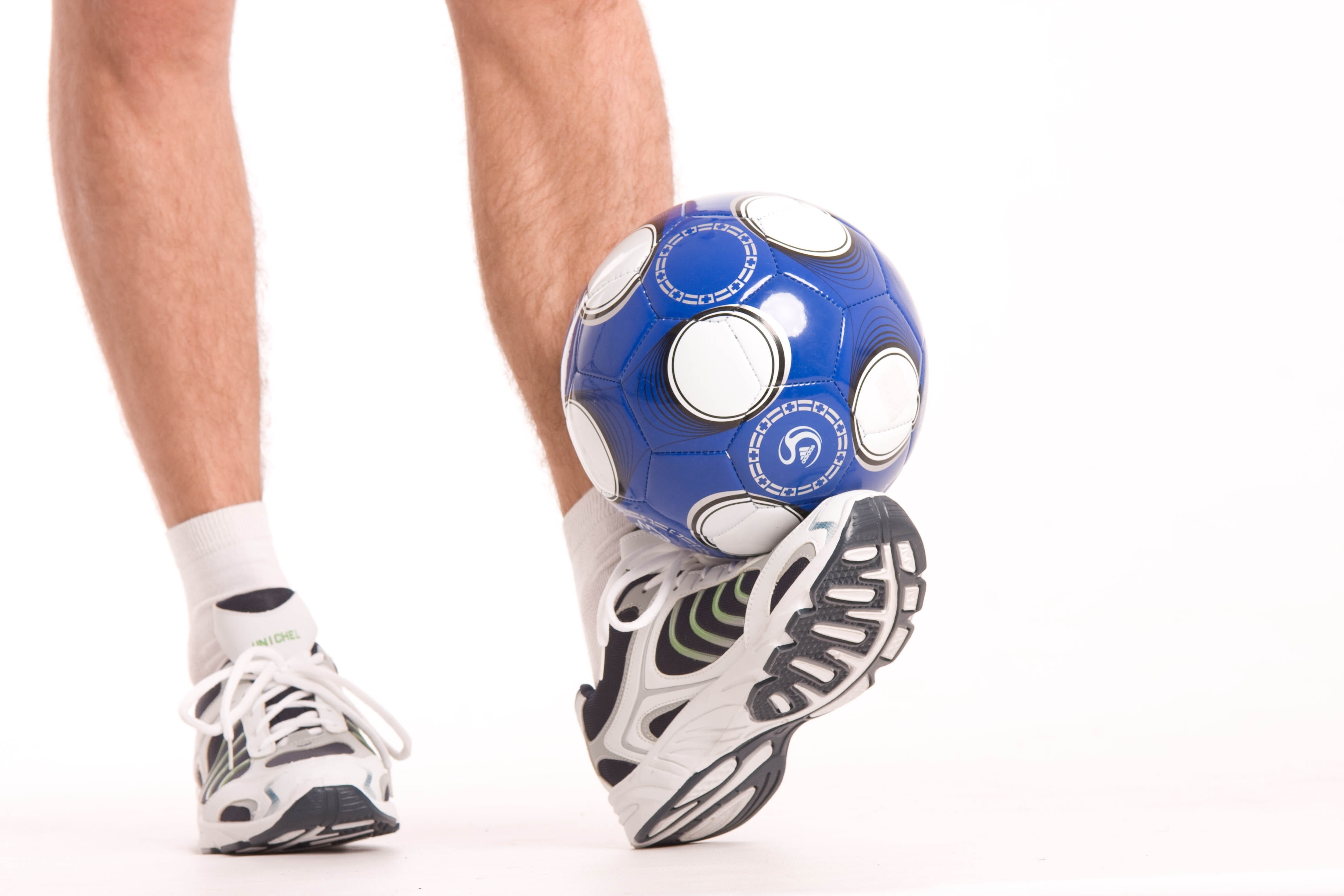 blue and white soccer ball, foot, football, running shoes, sport
