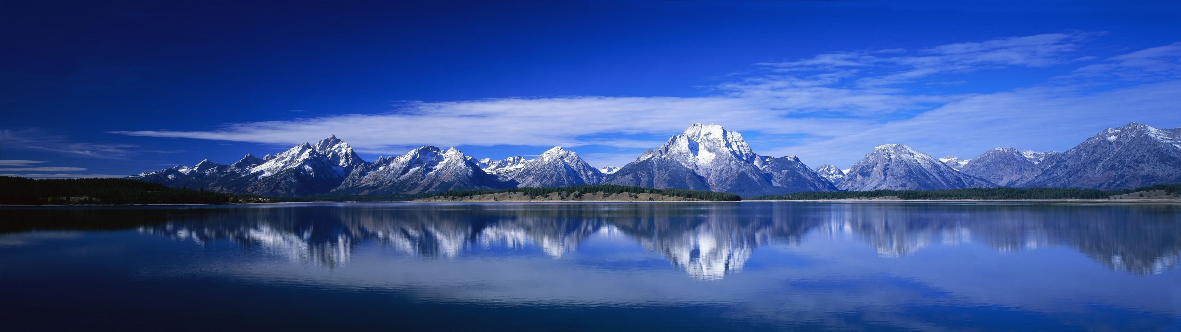 body of water and mountain alps, dual monitors, mountains, reflection