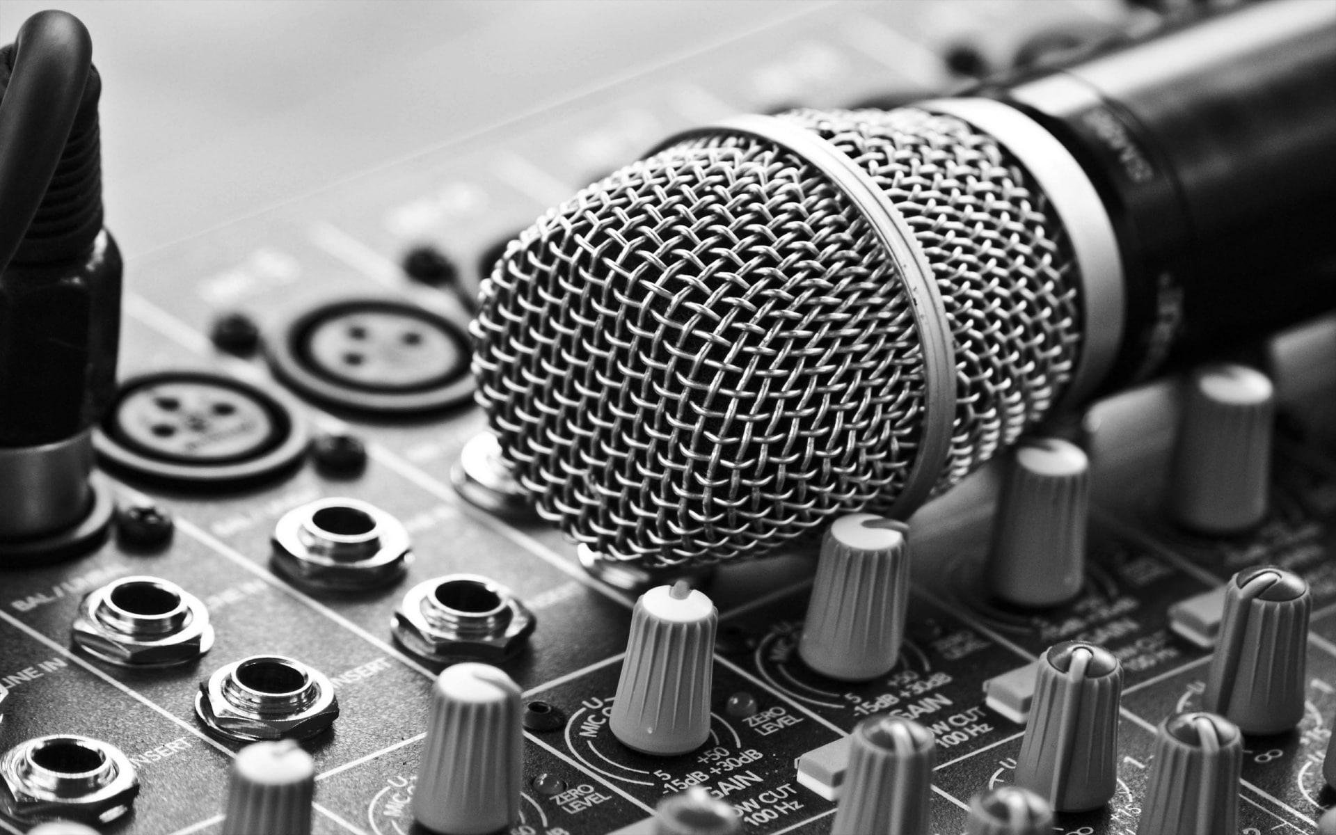 b w, board, knobs, macro, microphone, mixer, mixing