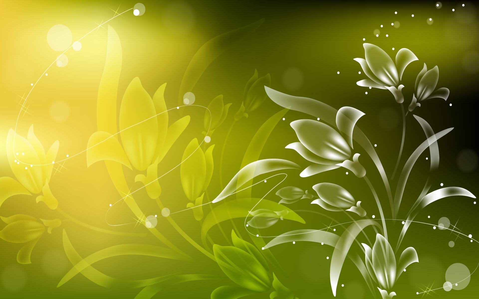 white, yellow, and green floral illustration, digital art, flowers