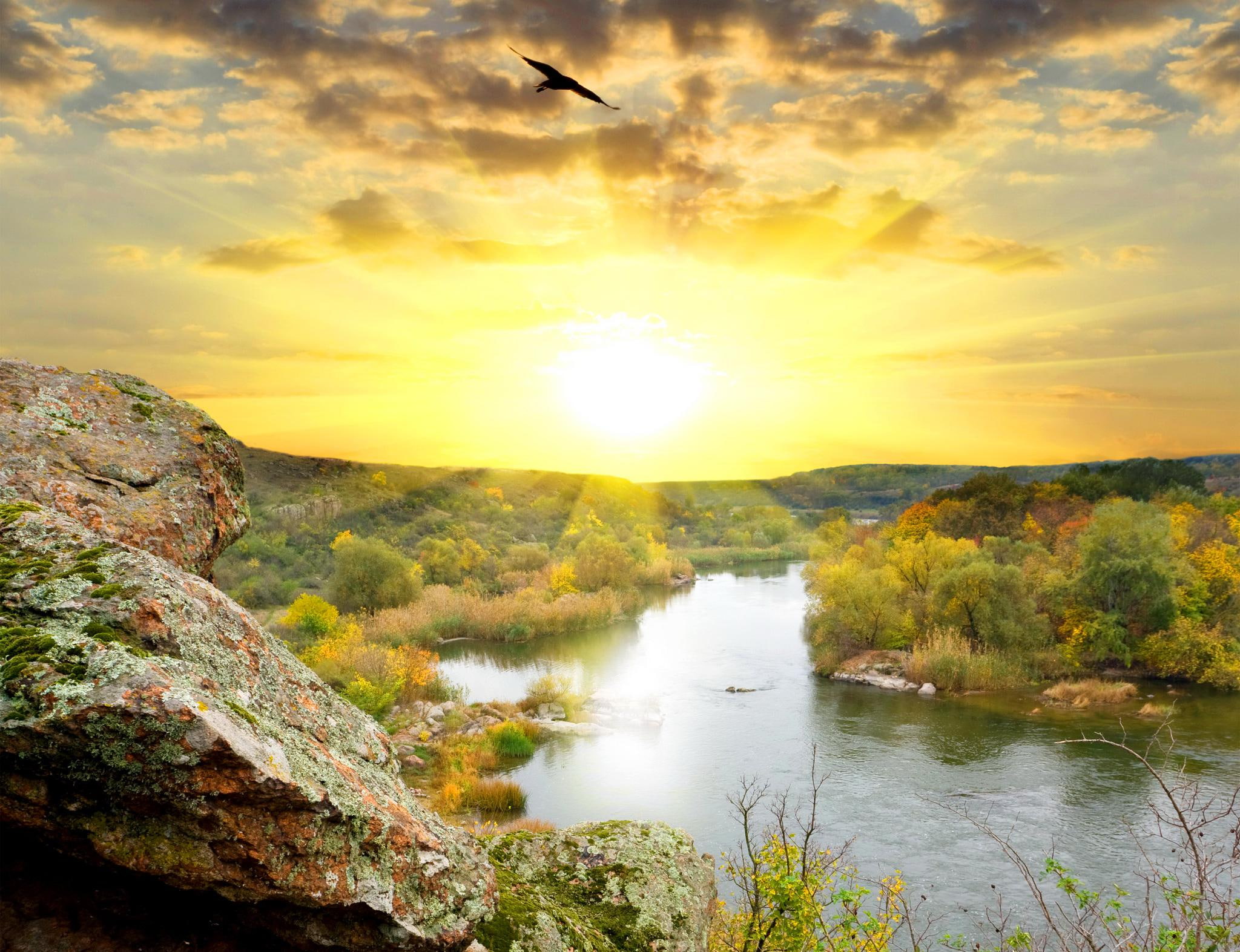 Sunrises Sunsets Scenery Rivers Nature Autumn For Mobile, brown and grey rock and green trees