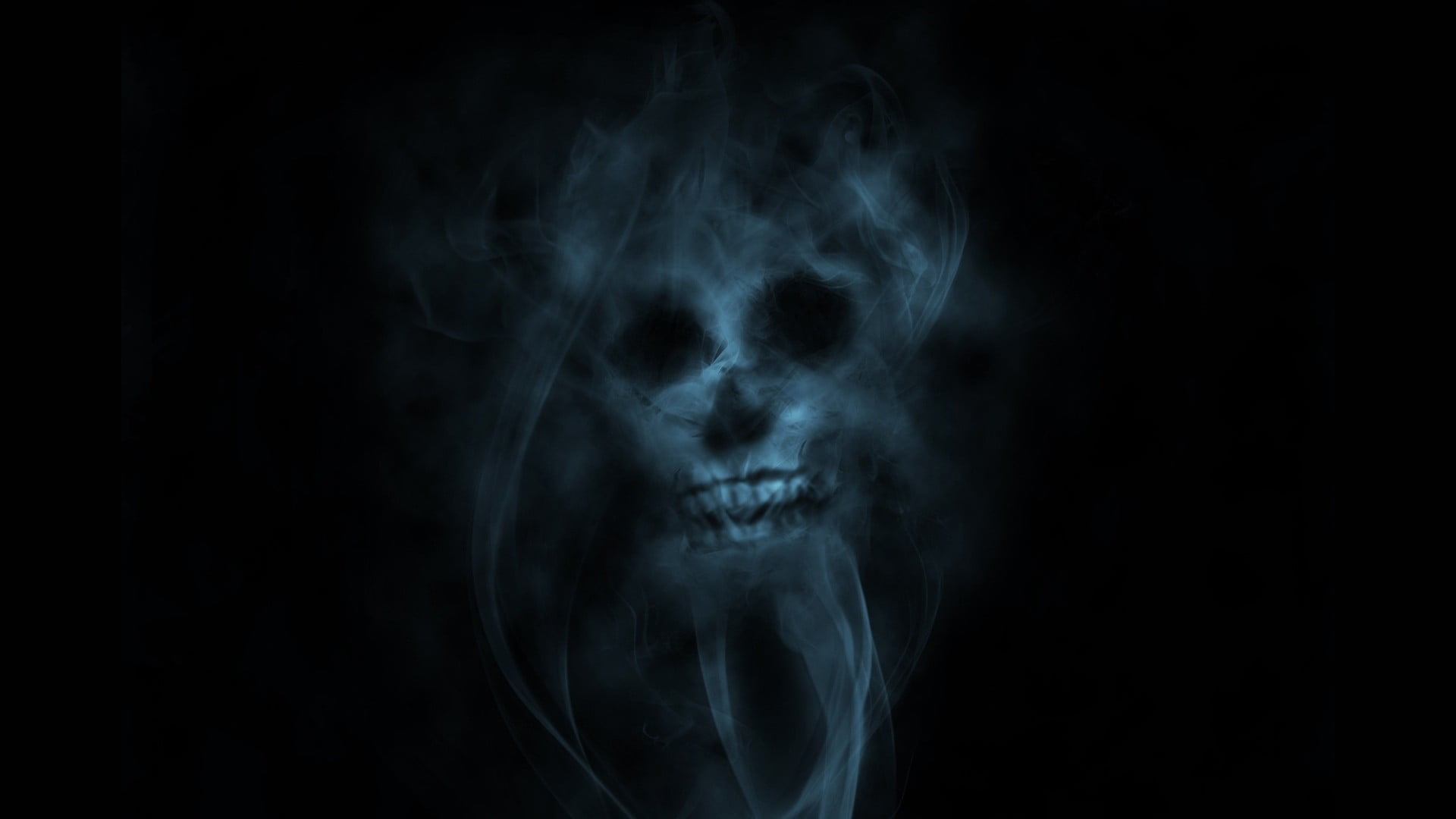ghost skull wallpaper, smoke, cyan, black background, human body part