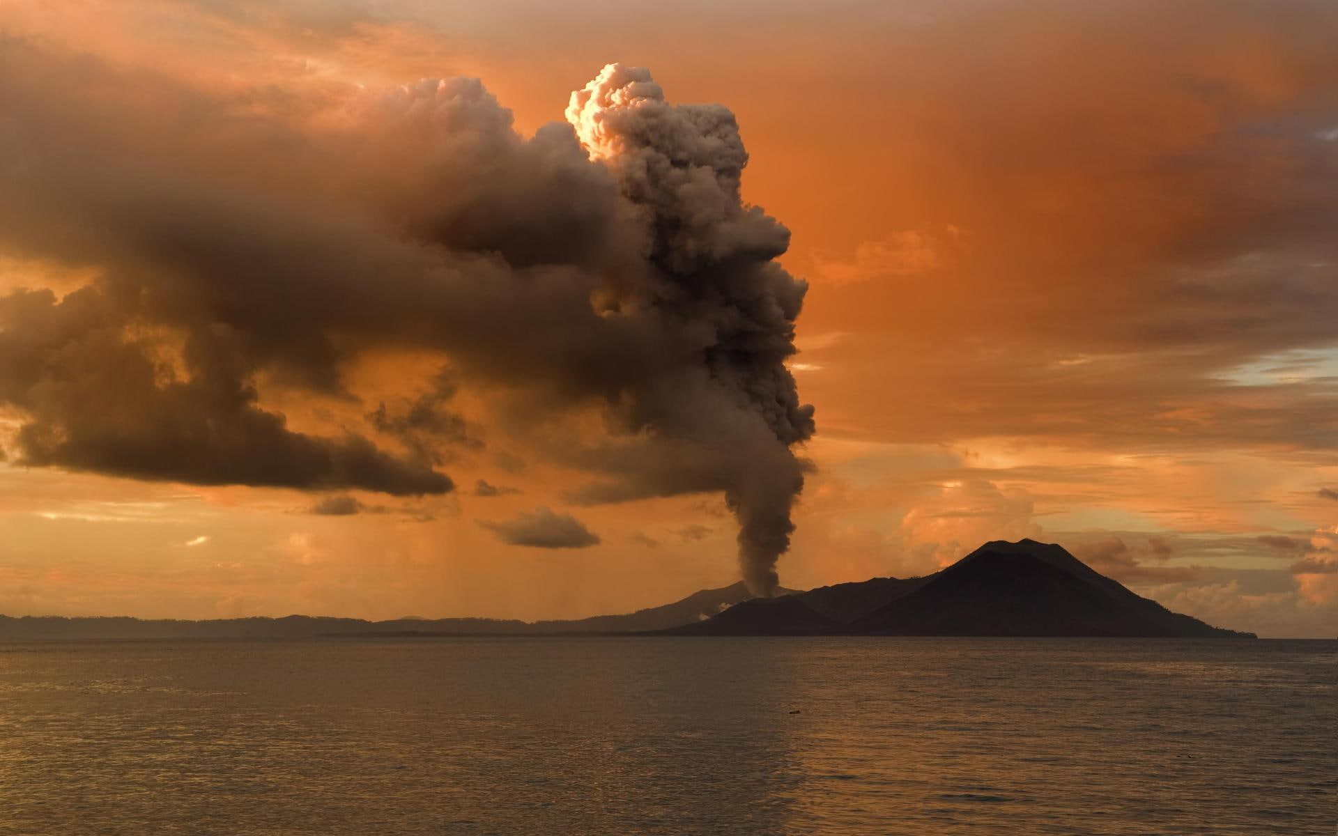 ash, landscapes, ocean, sky, smoke, volcano