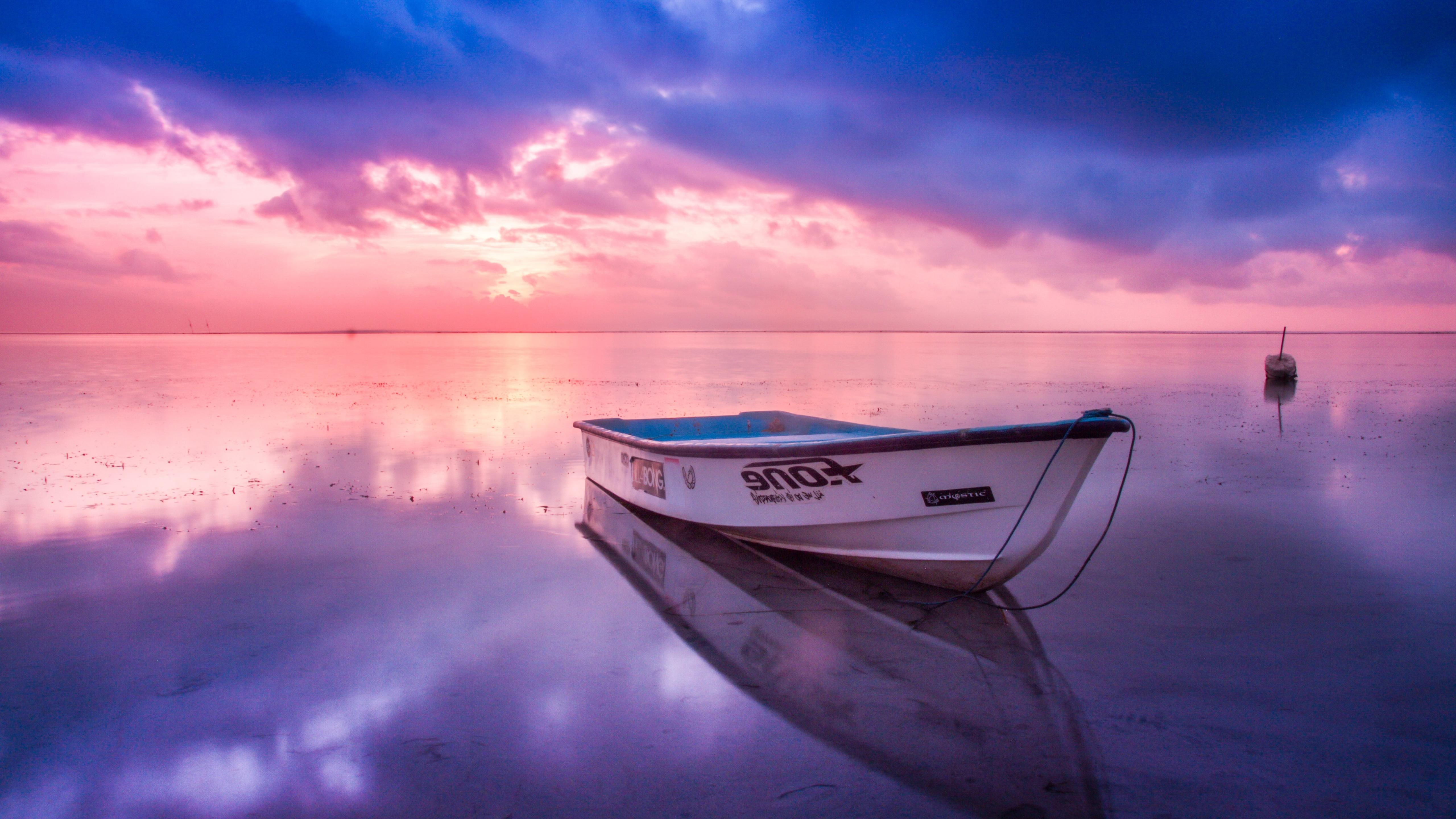 purple, reflection, boat, white boat, pink sky, cloudy, reflected