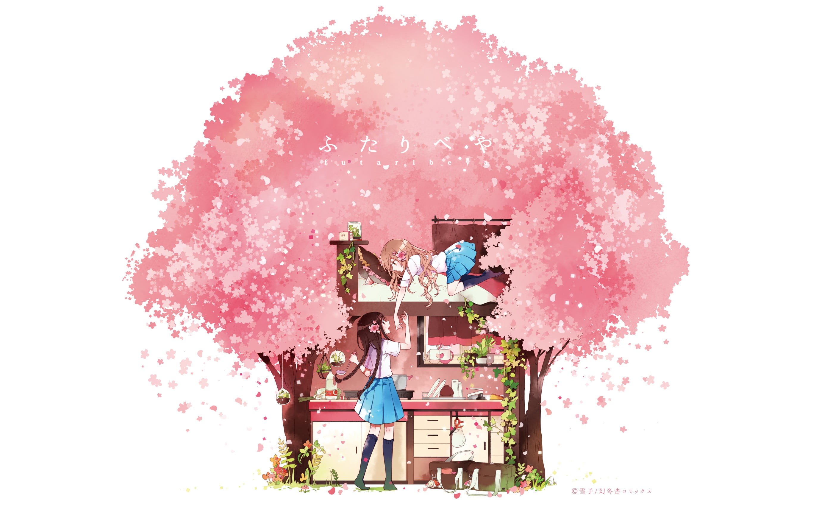 kitchen, cherry blossom, school uniform, skirt, plant, nature