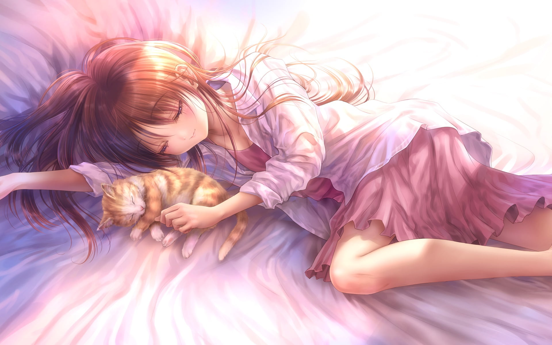 brown-haired girl illustration, cat, anime, art, sleeping, bed
