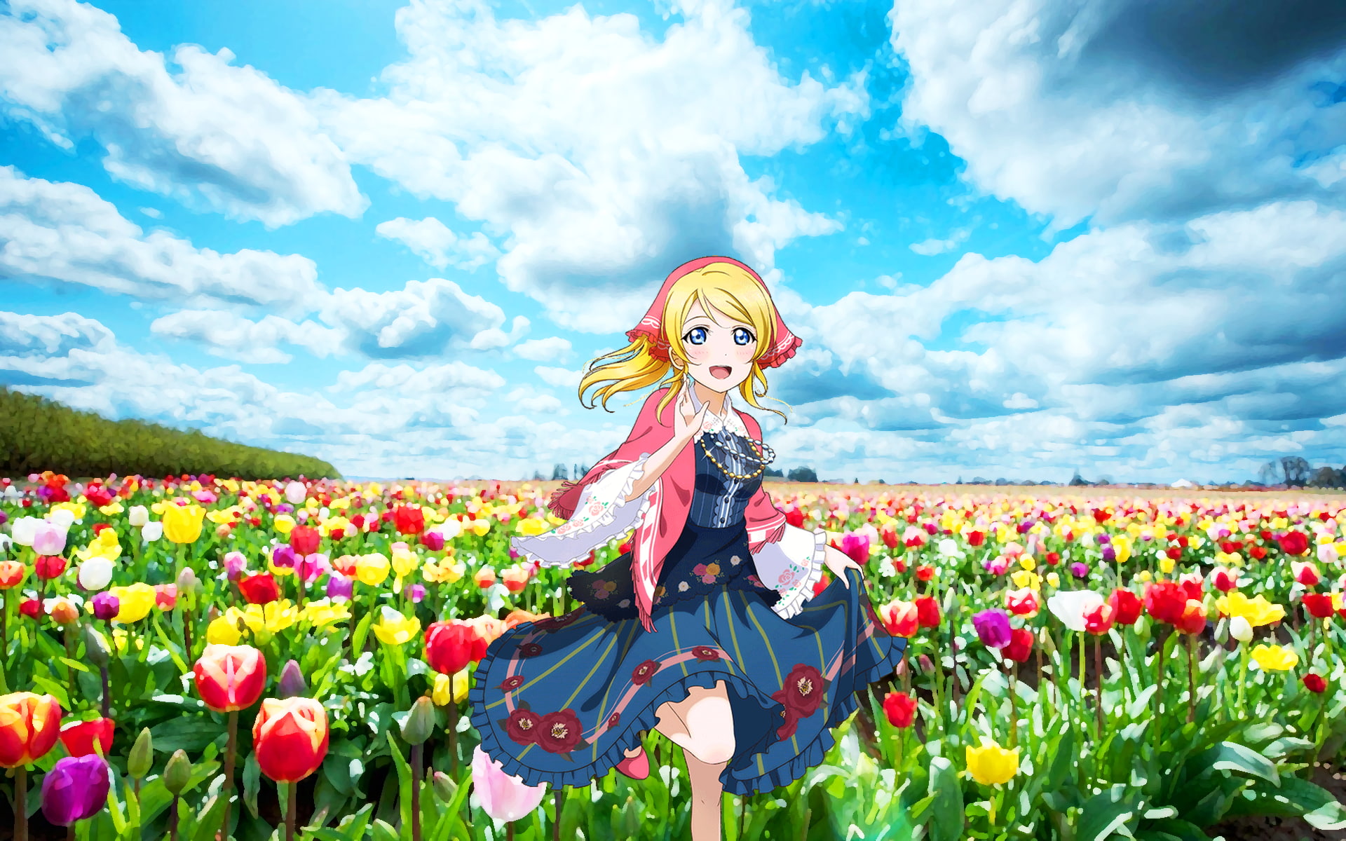 Love Live!, anime girls, clouds, flowers, Ayase Eri
