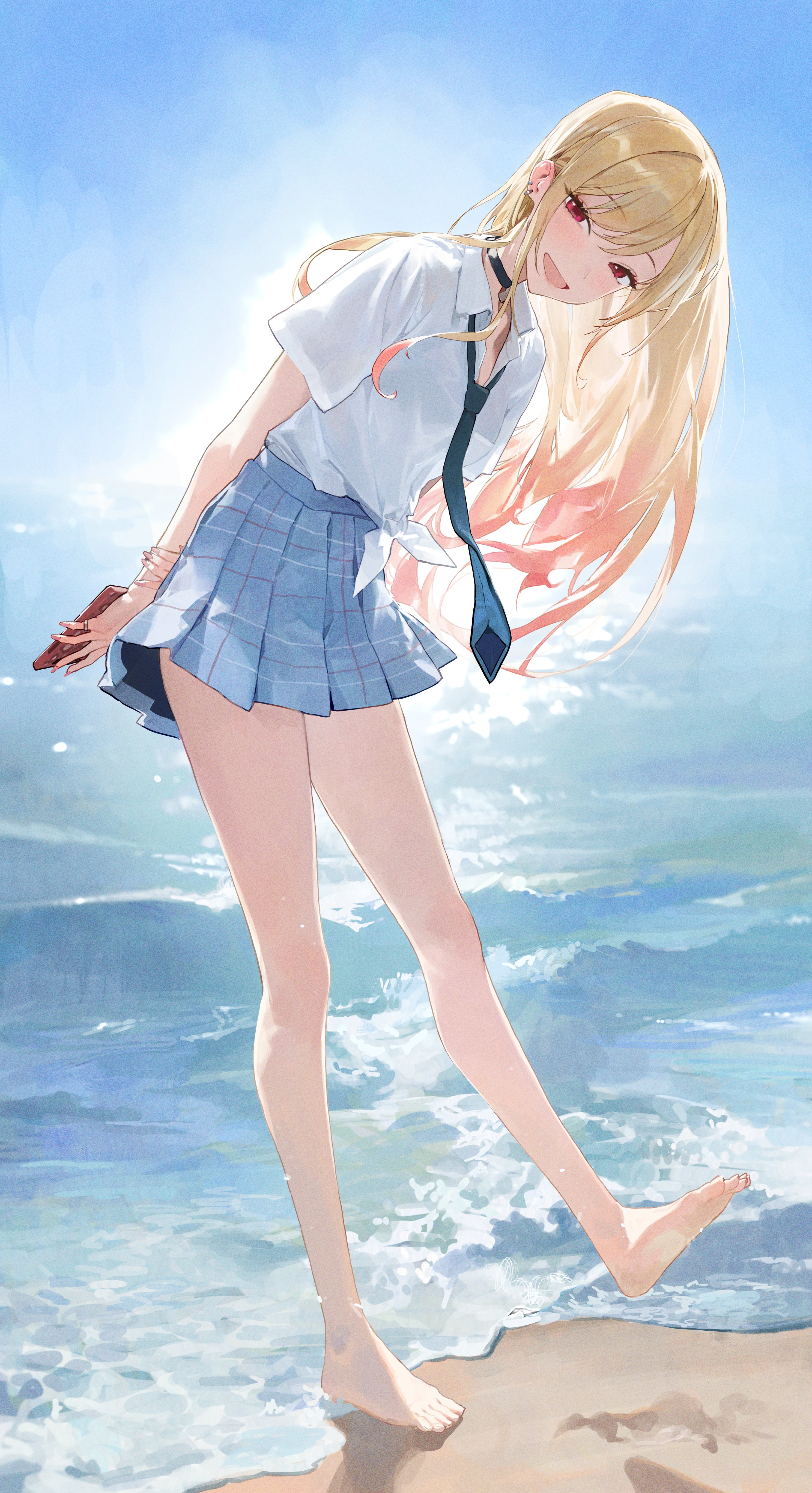 school skirt, school uniform, legs, anime, beach, sea, wet clothing