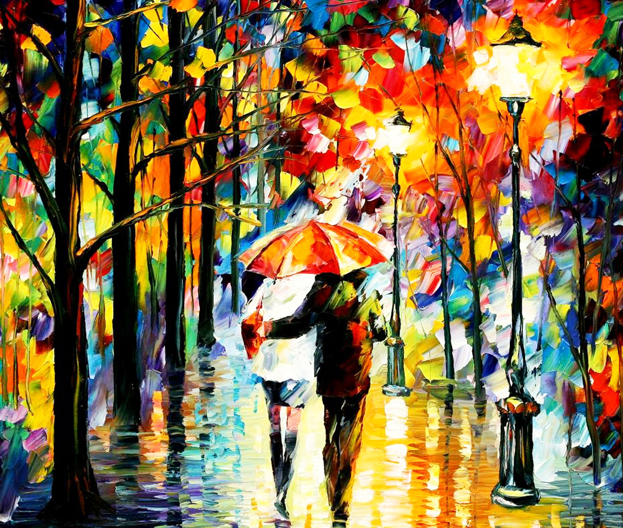 two people holding umbrella painting, autumn, lights, Park, rain