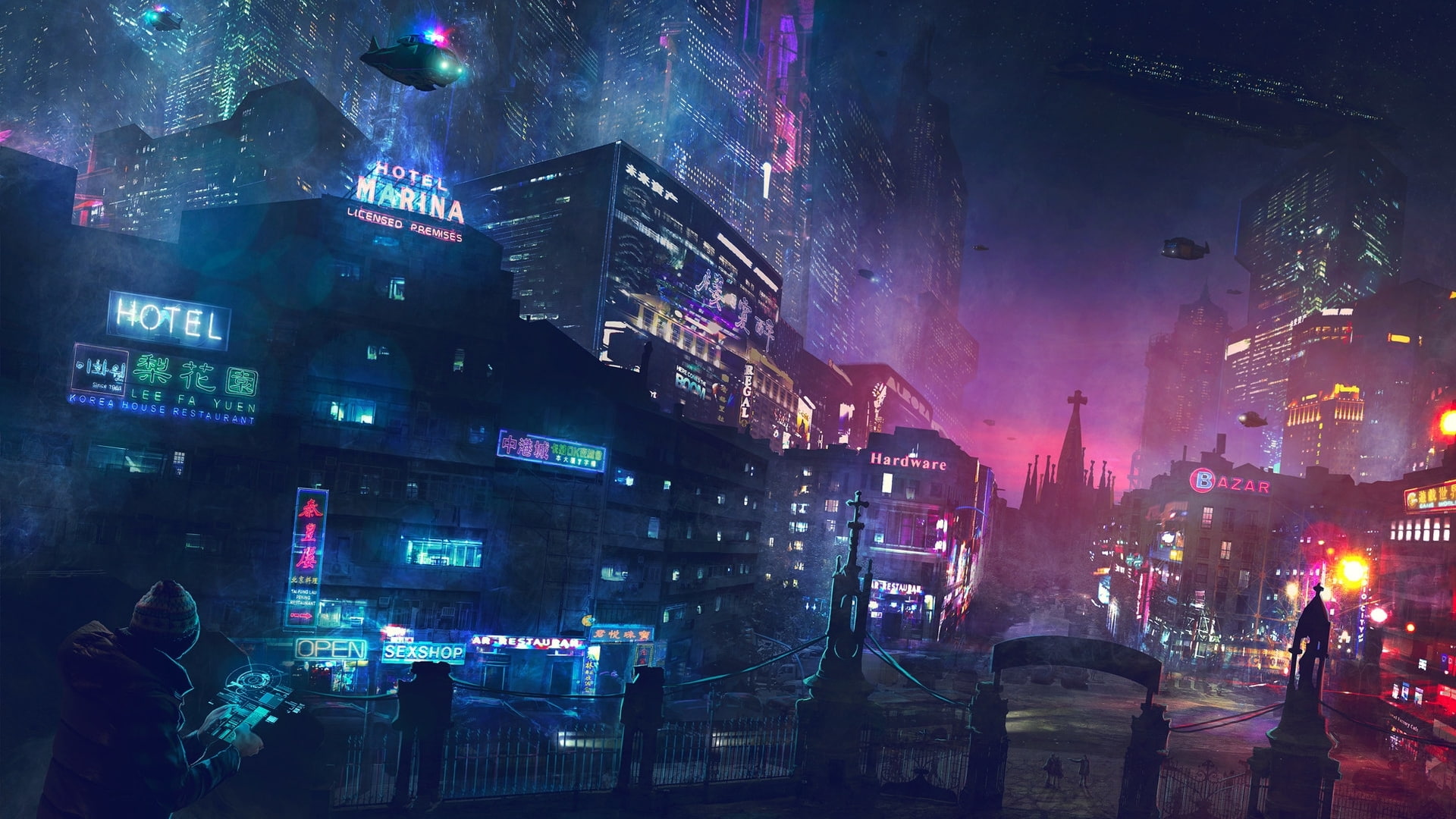 sci-fi, futuristic city, neon lights, skyscrapers, buildings