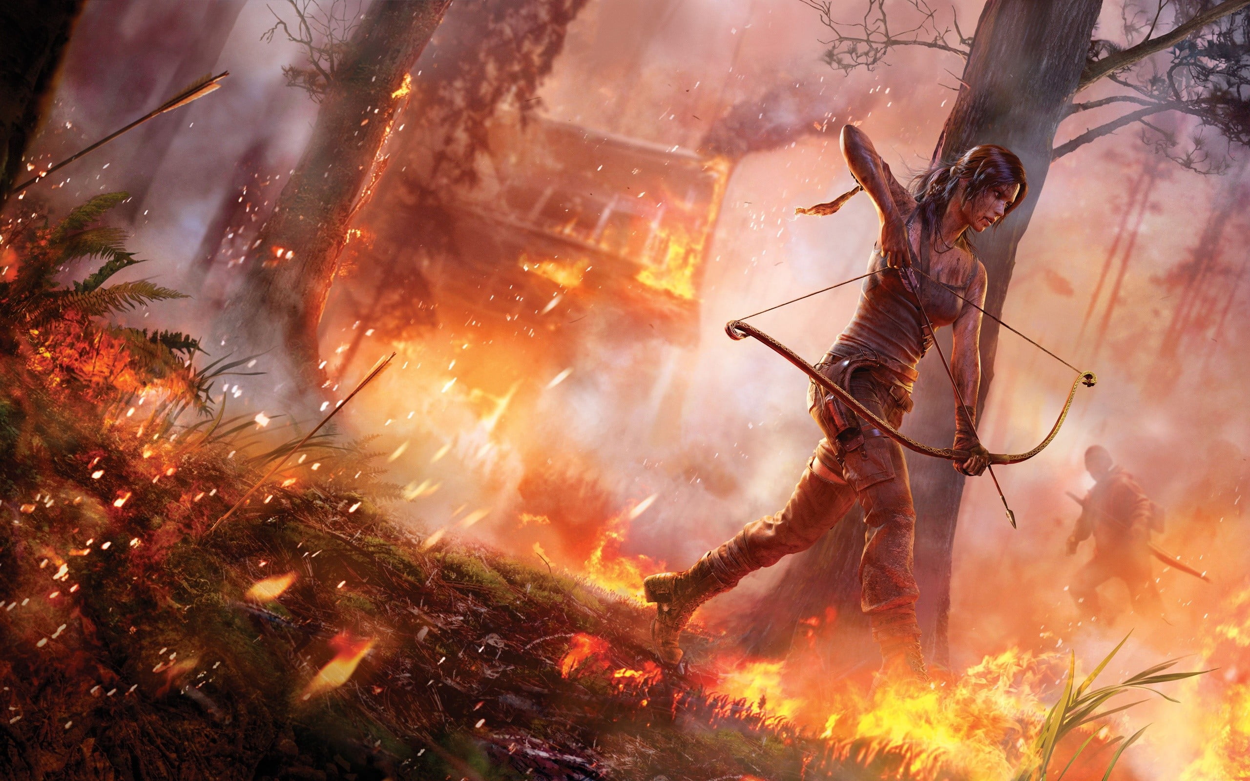 Lara Croft Rise of the Tomb Raider game digital wallpaper, fire