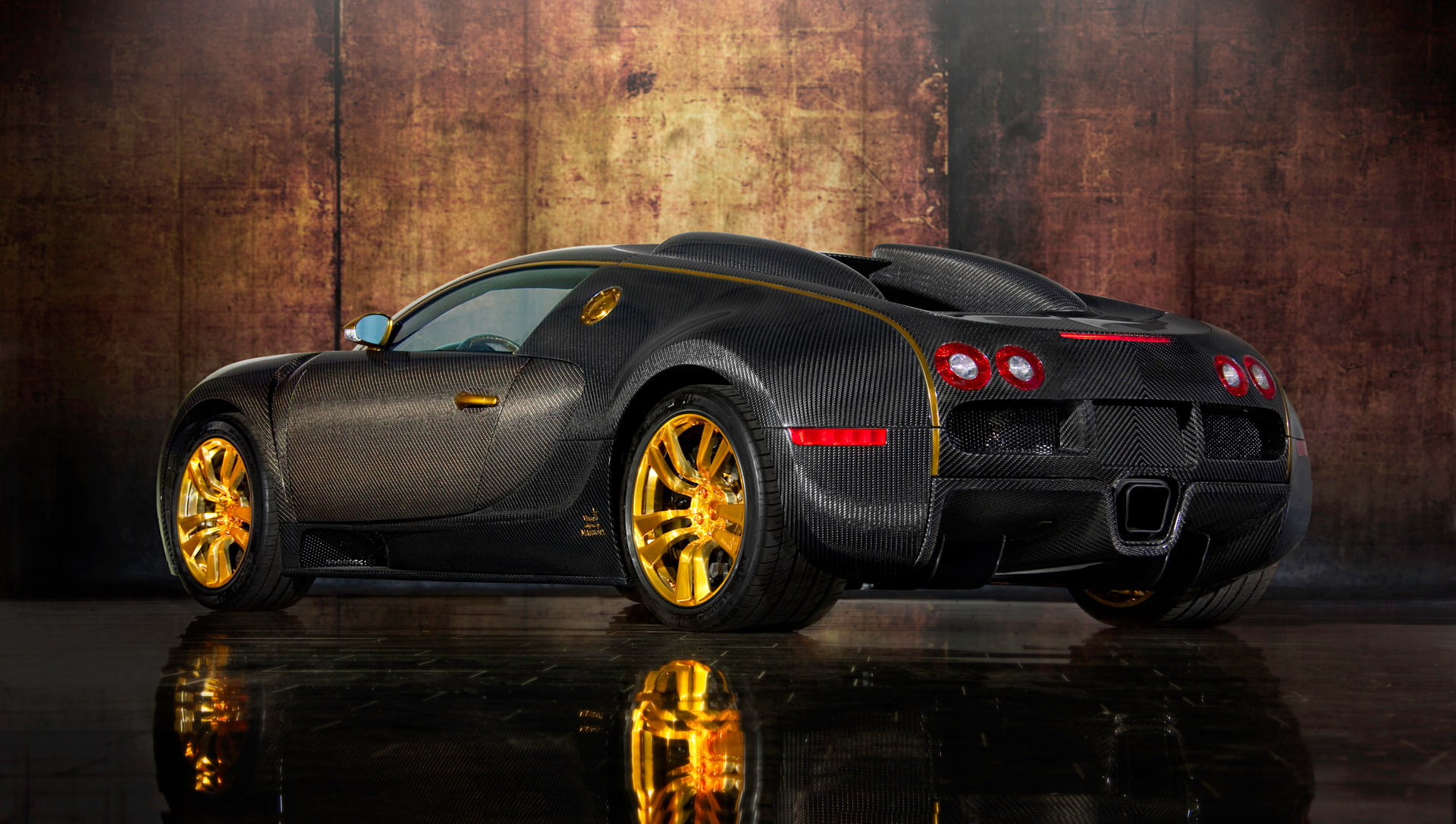 black coupe, auto, design, reflection, gold, carbon, body, Mansory