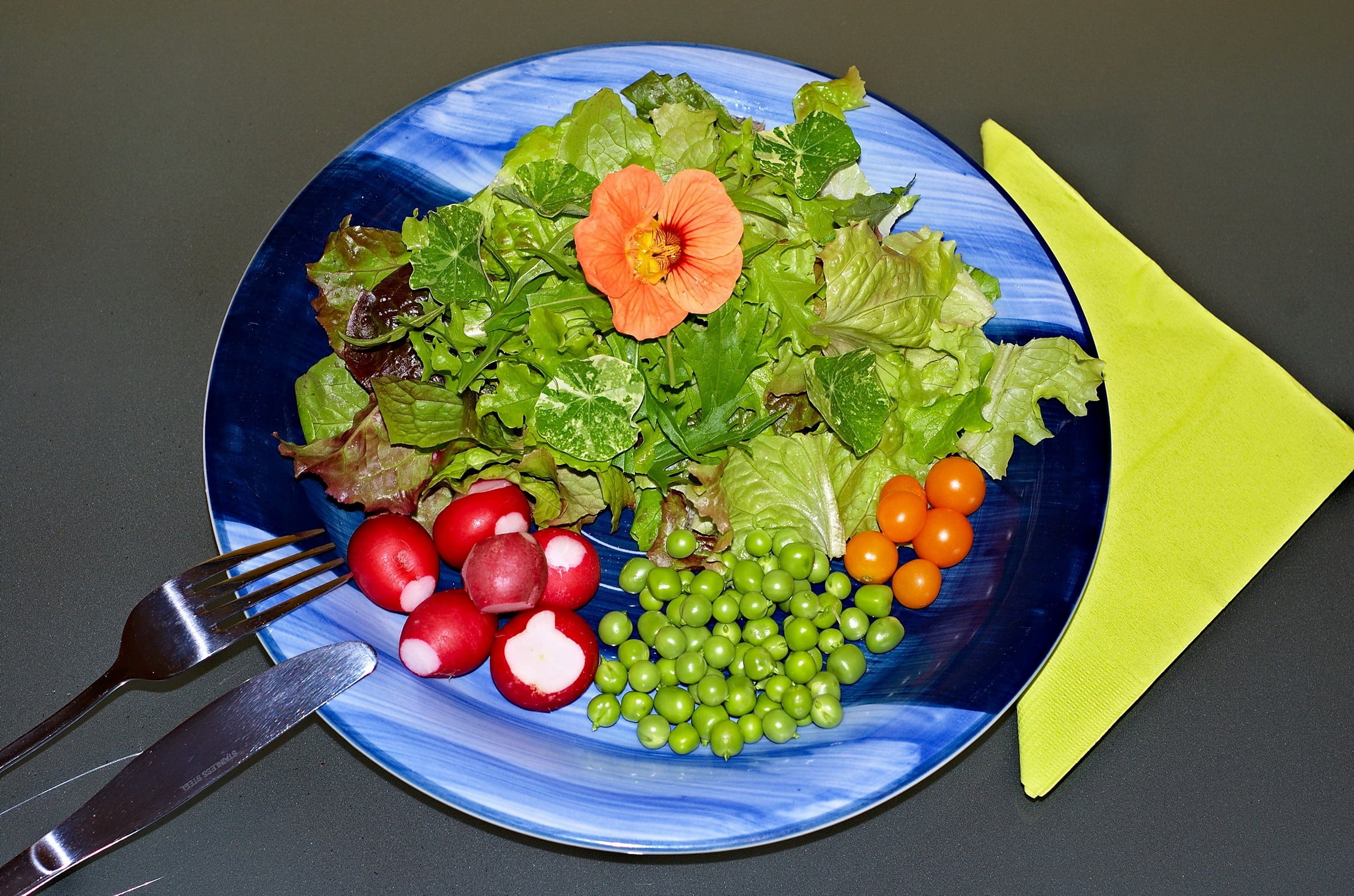 assorted vegetables, lettuce, radish, parsley, plate, food, tomato