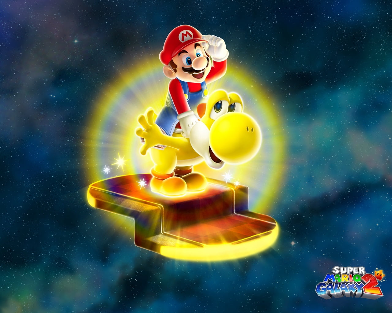 Super Mario Galaxy 2 poster, dinosaur, yellow, yoshi, star - Space