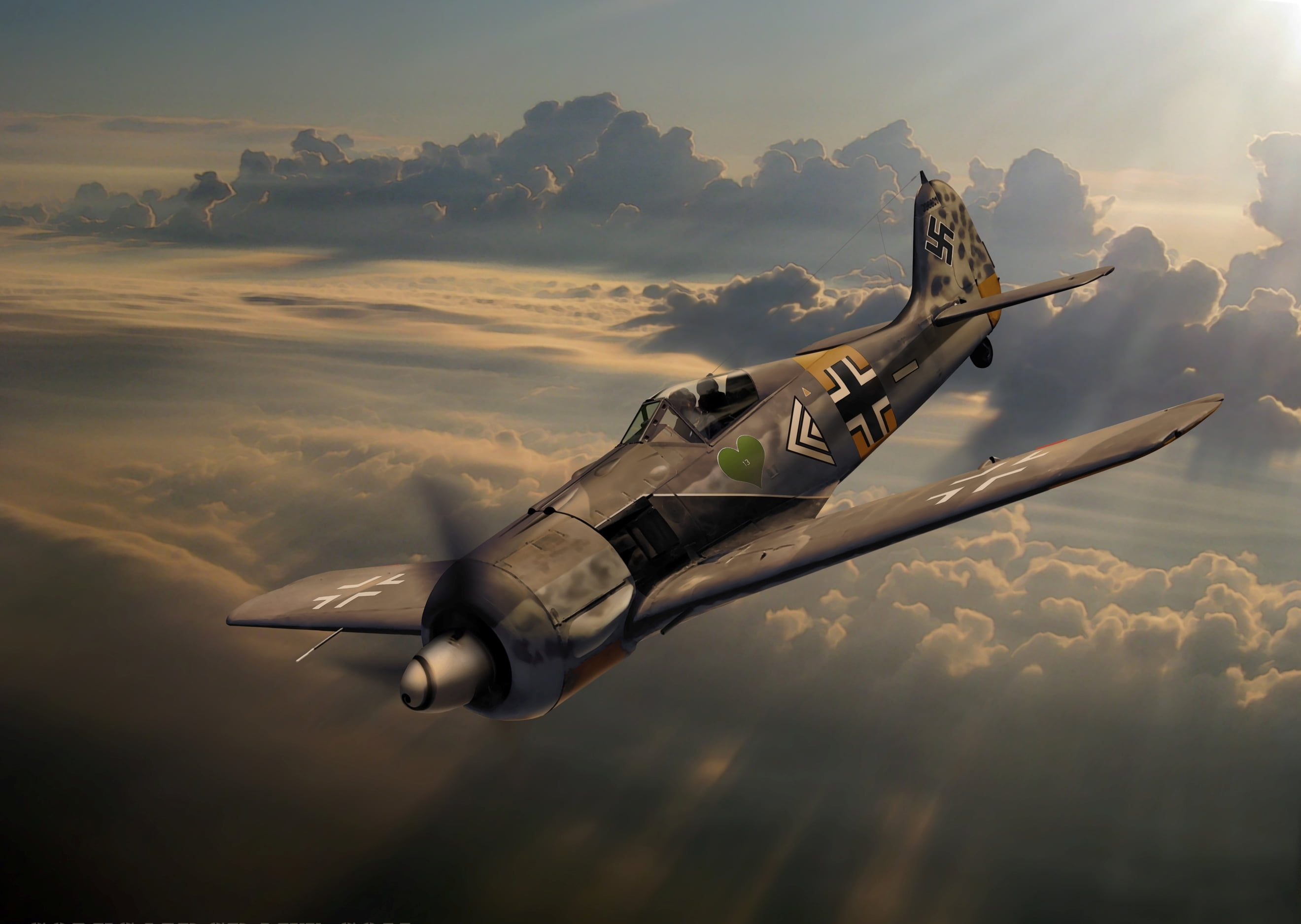 brown fighter jet, the sky, clouds, figure, art, German, Fw 190