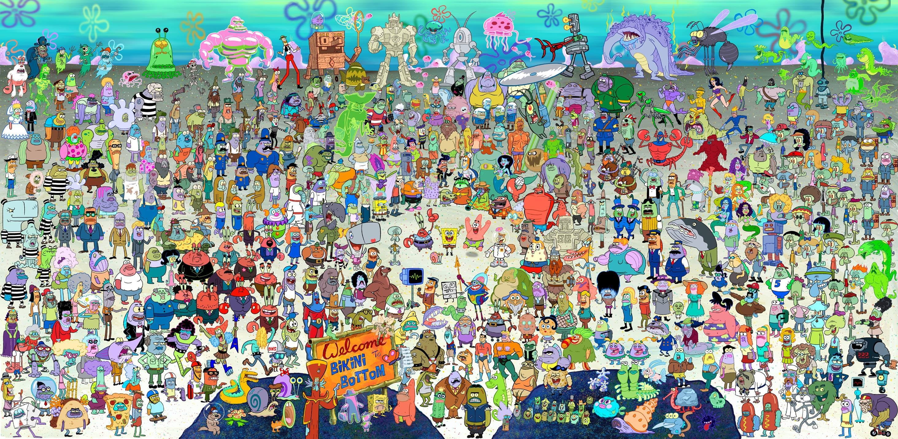Spongebob Squarepants characters at Bikini Bottom, multi colored